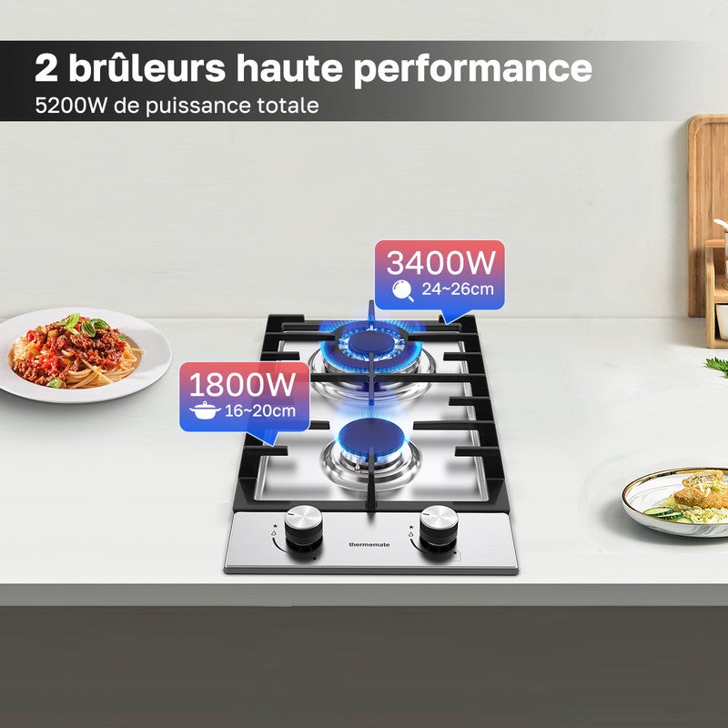 ThermoMate Plaque de Cuisson à Gaz GHSS302 2 Foyers, Encastrable, Gaz Naturel/Propane, Acier Inoxydable, 5200W - 3