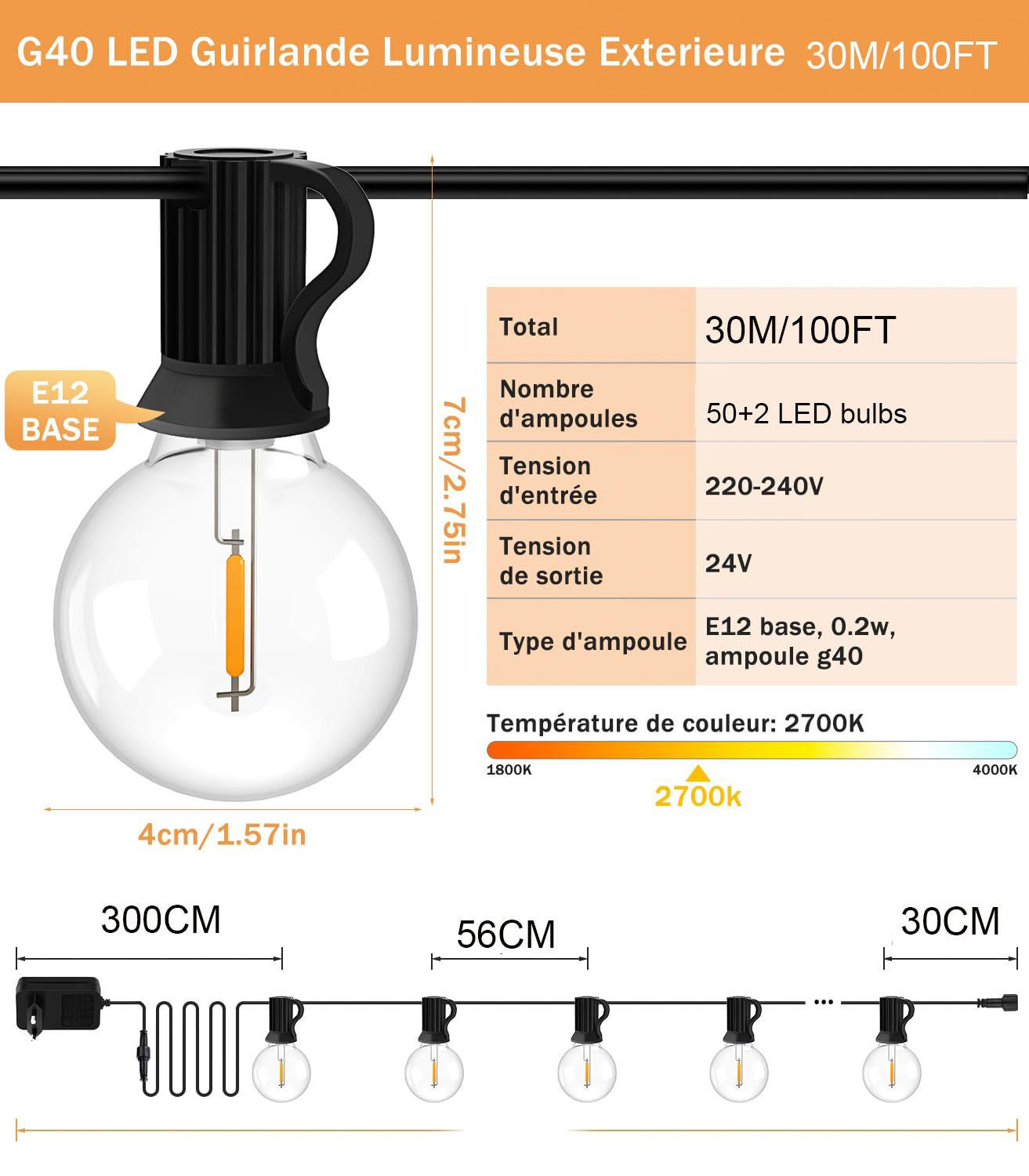 Guirnalda de luces LED para exterior de 30 m (100 pies) - Guirnalda de luces LED para jardín con 52 bombillas G40, IP44 de impermeabilidad, luz cálida - 3