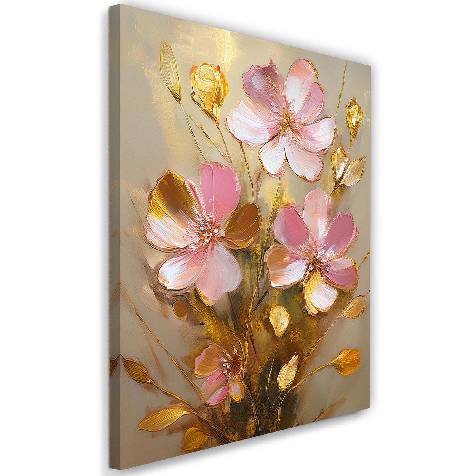 Obraz na płótnie, Różowe Kwiaty Złoty Glamour 60x90