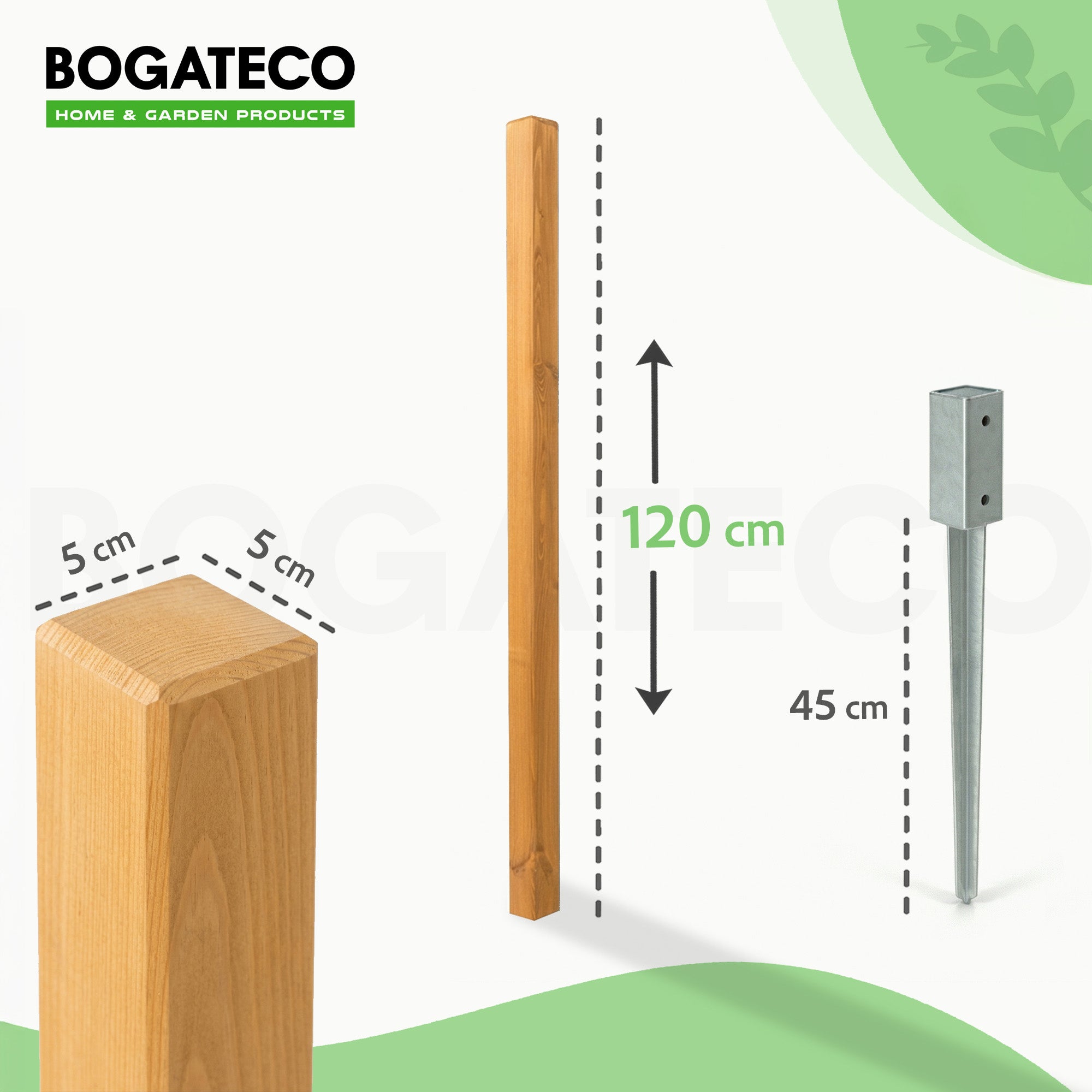 Lot de 6 Poteaux Carrés en Bois Imprégné BOGATECO - 5x5x120 cm - Pour Clôture et Jardin - 2