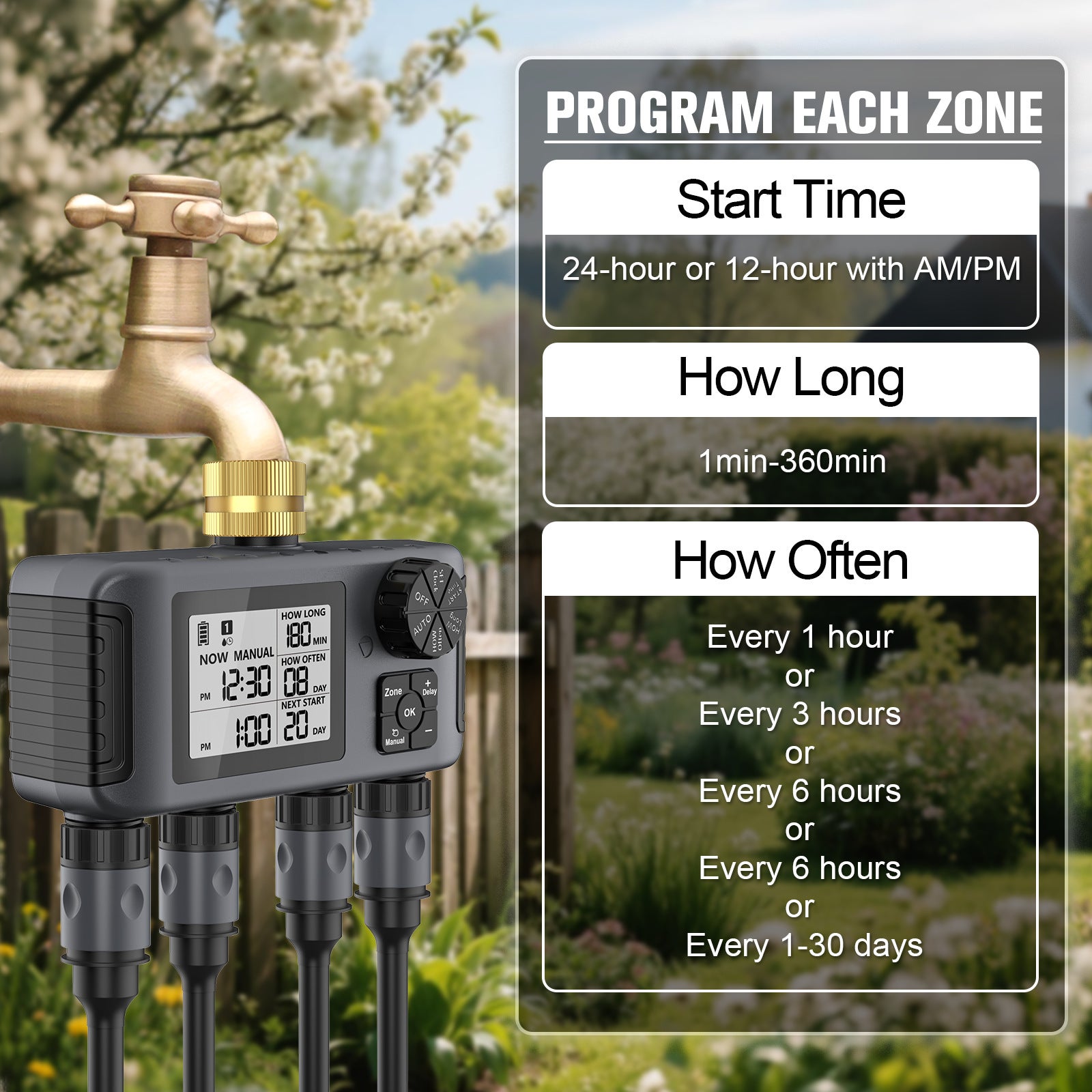 BEXTCOK Válvula inteligente de controlo individual de quatro vias, temporizador de rega automática, temporizador para rega de flores no jardim - 5