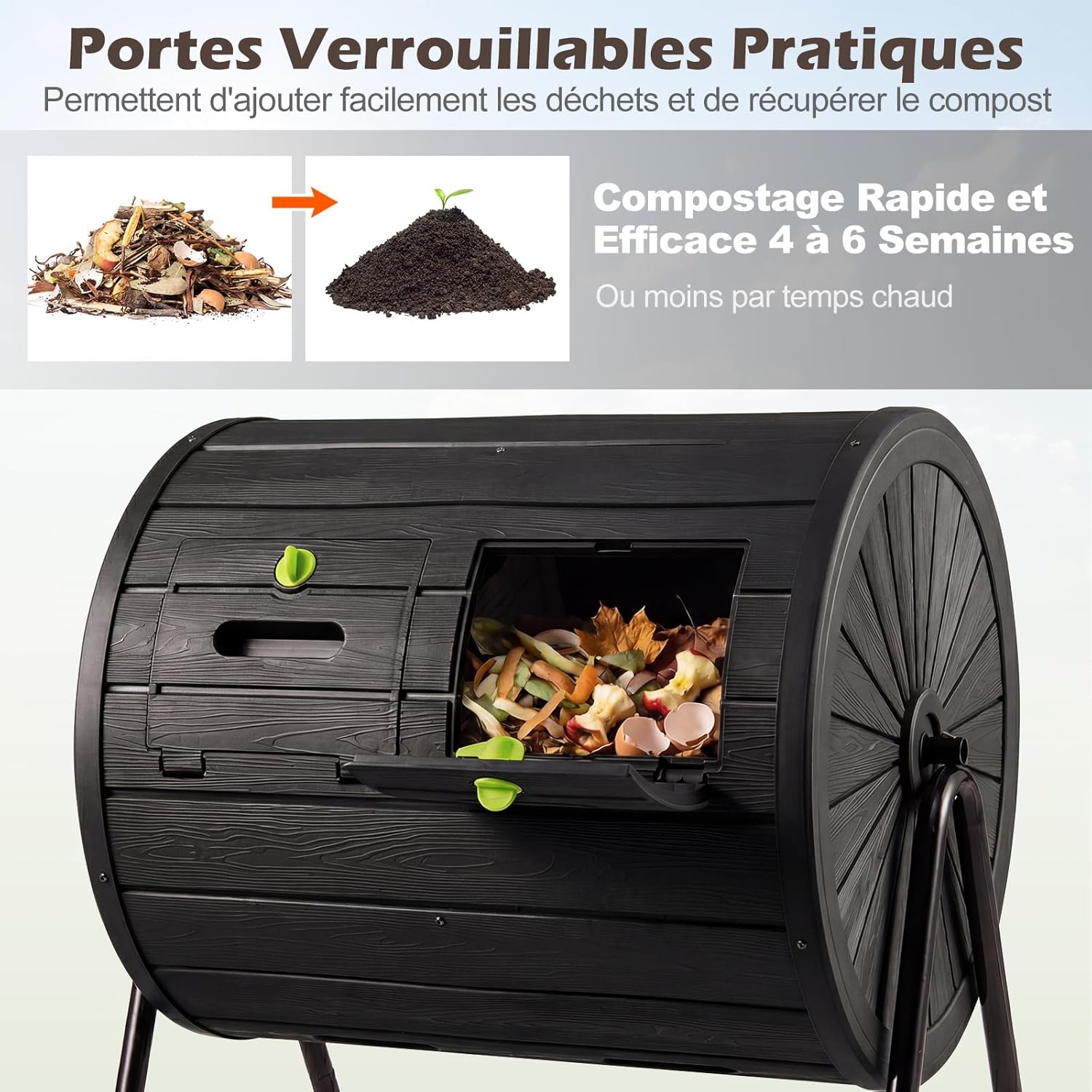 GIANTEX Composteur de Jardin 142 L à Double Chambre,Cadre en Métal Rotatif 360° ,2 Portes Verrouillables sans BPA,Déchets de Cuisine Jardin,Noir - 6