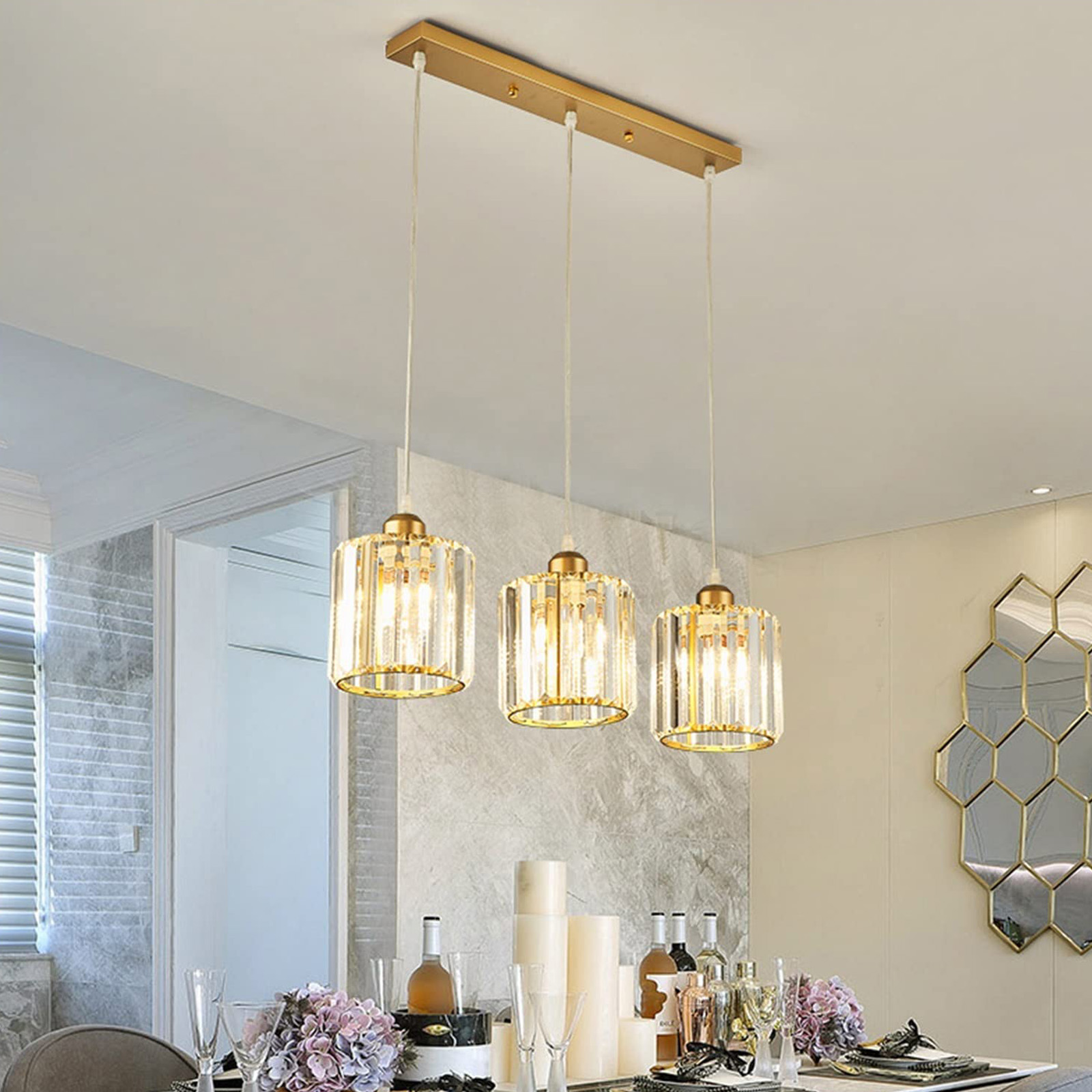 AUTRUCKER Lustre en cristal simple, lustre décoratif linéaire pour escalier, à trois têtes et longue plaque, doré, sans source lumineuse, 220 V, E27 - 3