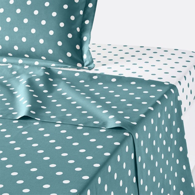 Drap pur coton imprimé pois, Clarisse - Céladon/blanc - 180 x 290 cm