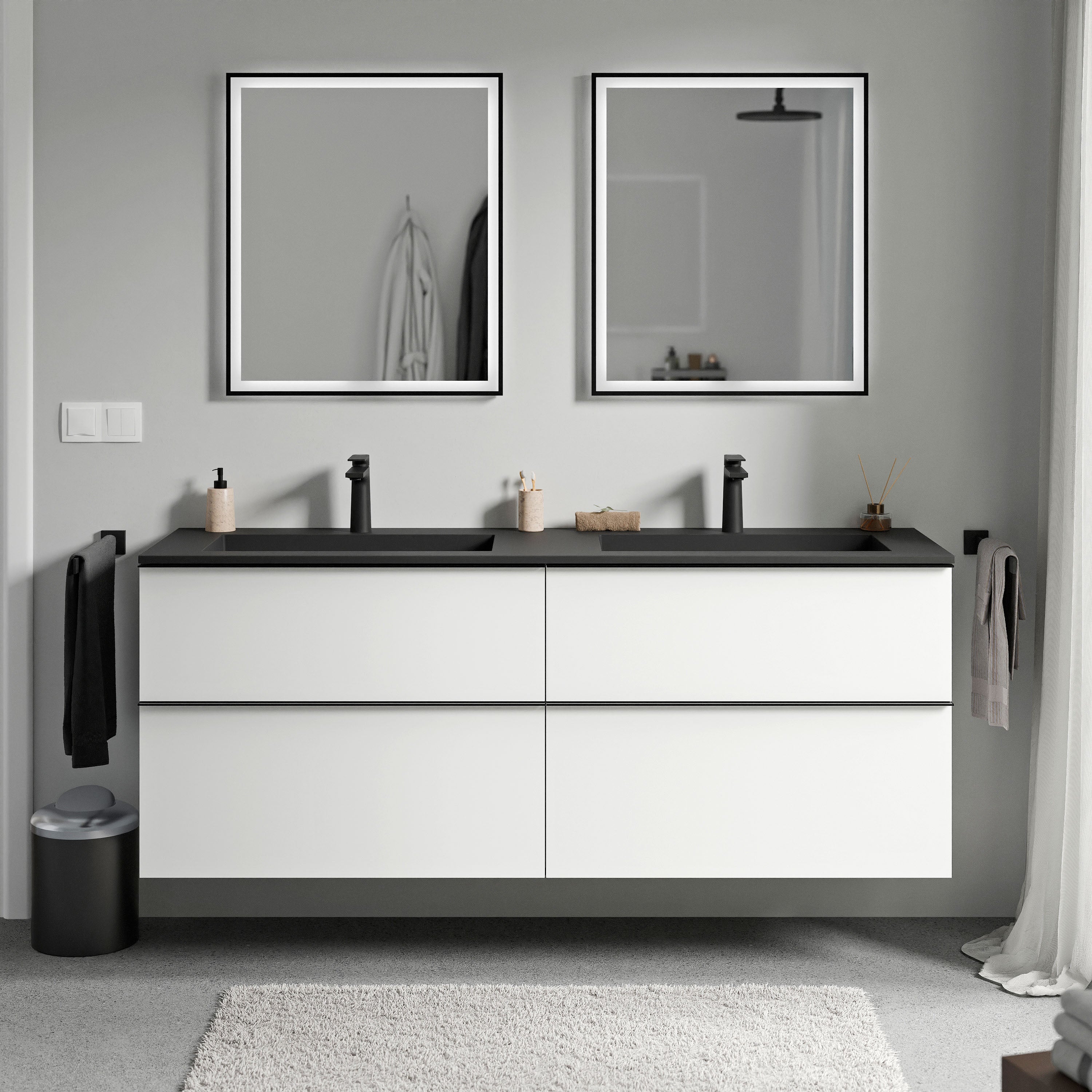 Meuble Vasque Suspendu Salle De Bain 150cm - Plan Chêne, Vasque Céramique Blanc, 2 Tiroirs, Lavabo Mural, Facile à Installer, Design Moderne