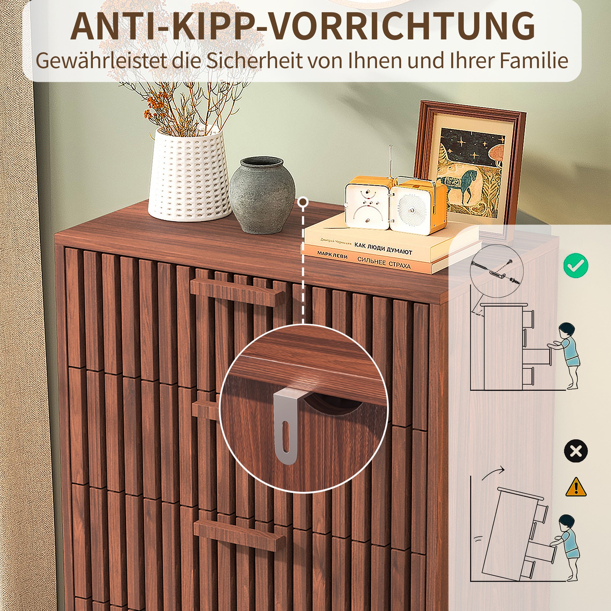 Commode 4 tiroirs poignées - Chiffonnier - patins antidérapants+Conception anti basculement métal - B60 cm - grand espace de rangement - coloris noyer - 4