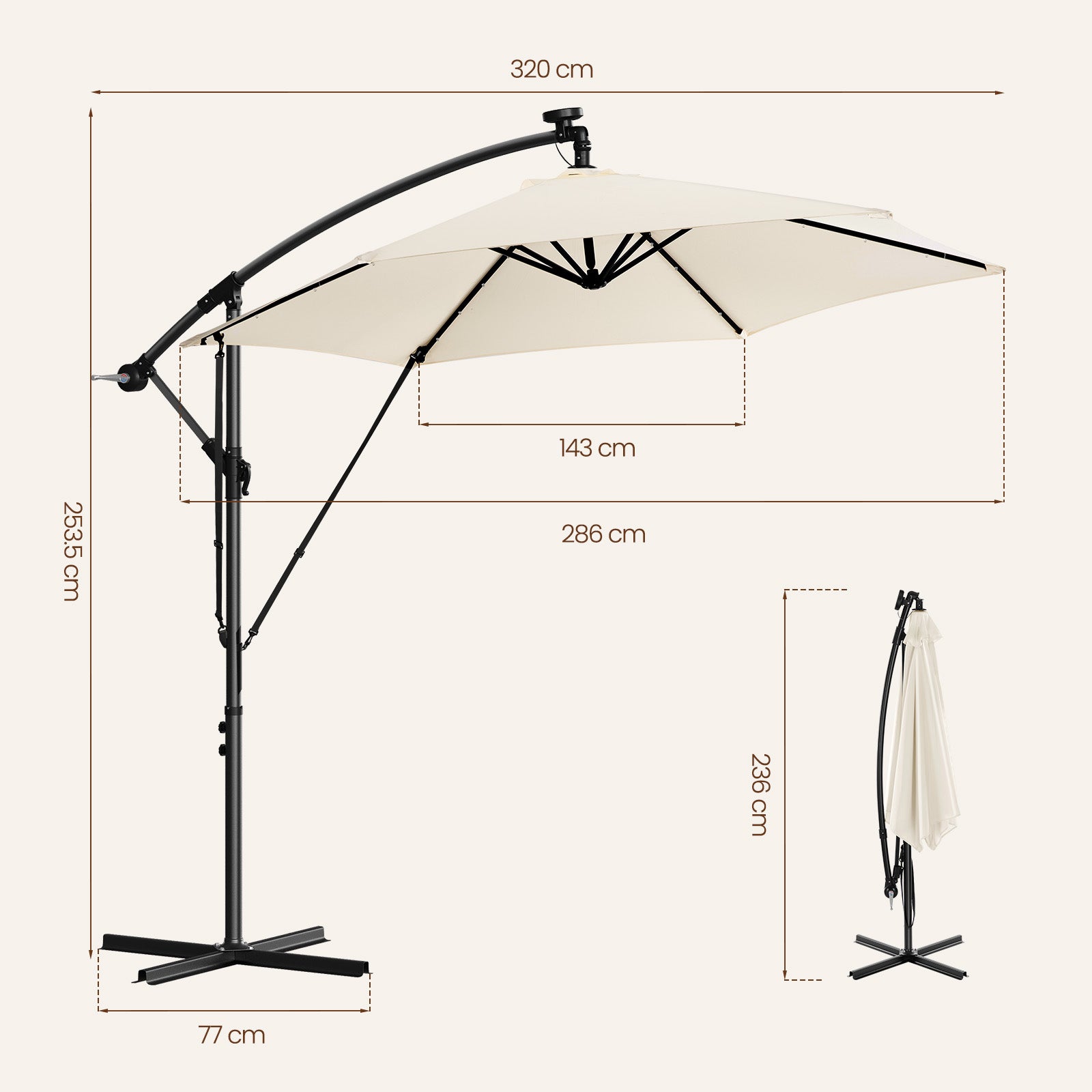 WOLTU Parasol Déporté, avec LED Solaire, Ф3m, Parasol de Jardin Extérieur, Hexagonal, Rotation à 360°, Beige - 4