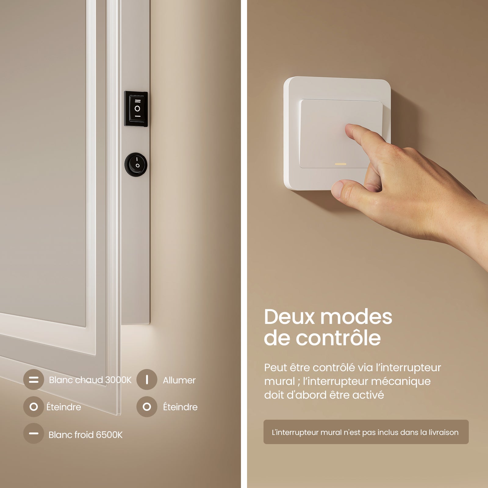 EMKE Miroir lumineux salle de bain 60x50cm, Miroir LED avec Interrupteur à bouton, Anti-buée, Miroir avec éclairage lumière Blanche Froide/Chaude - 2