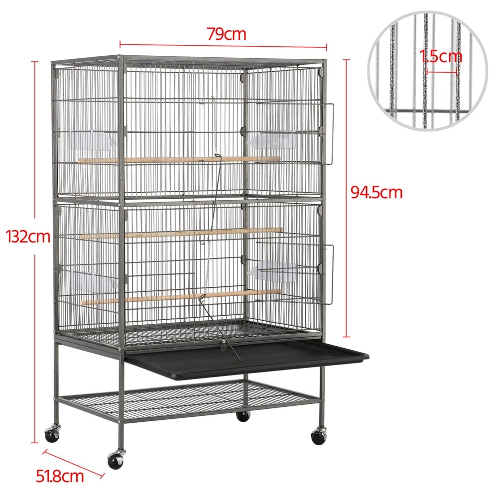 Grande Cage à Oiseaux en Métal avec Support Roulant, Étagère de Rangement et Fond Amovible, Noir Yaheetech - 4