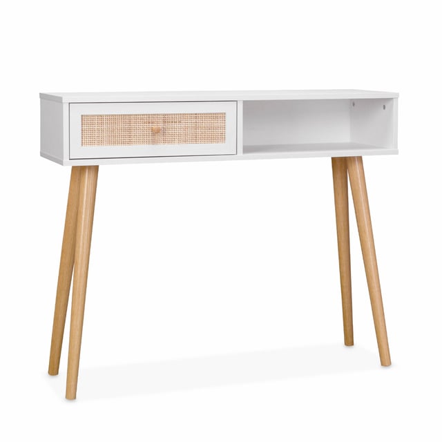 Console en cannage 100x29x81cm - Bohème - Blanc. 1 tiroir.1 espace de rangement. pieds scandinaves décor bois. 1