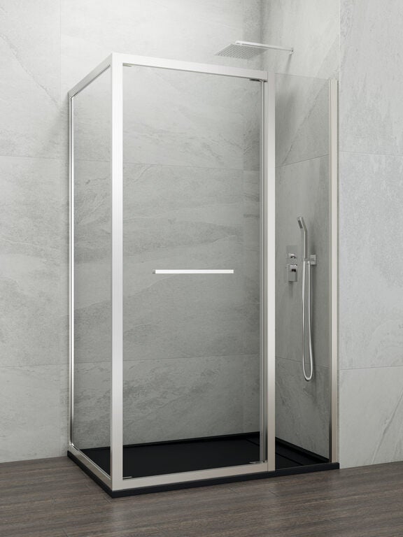 Paravan colț SPAZIO panou fix 50 + ușă 65 + lateral fix 115x70 cm (109.5-112/66.5-69) crom lucios