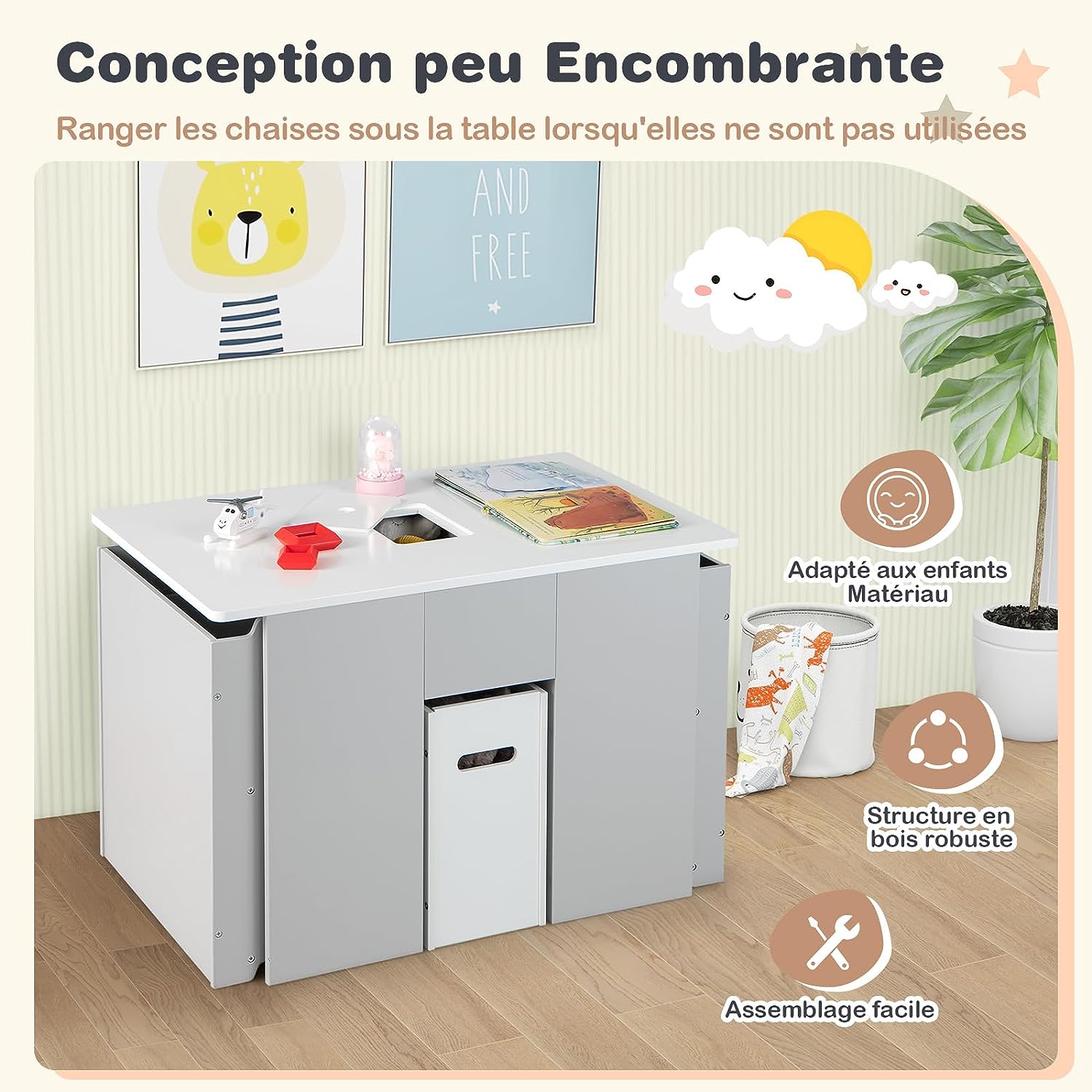 Set di Tavolo e Sedie per Bambini 4 in 1, Tavolo di Attività per Bambini con 2 Sedie Impilabili Coperchio Rimovibile e Contenitore, per Impara - 4