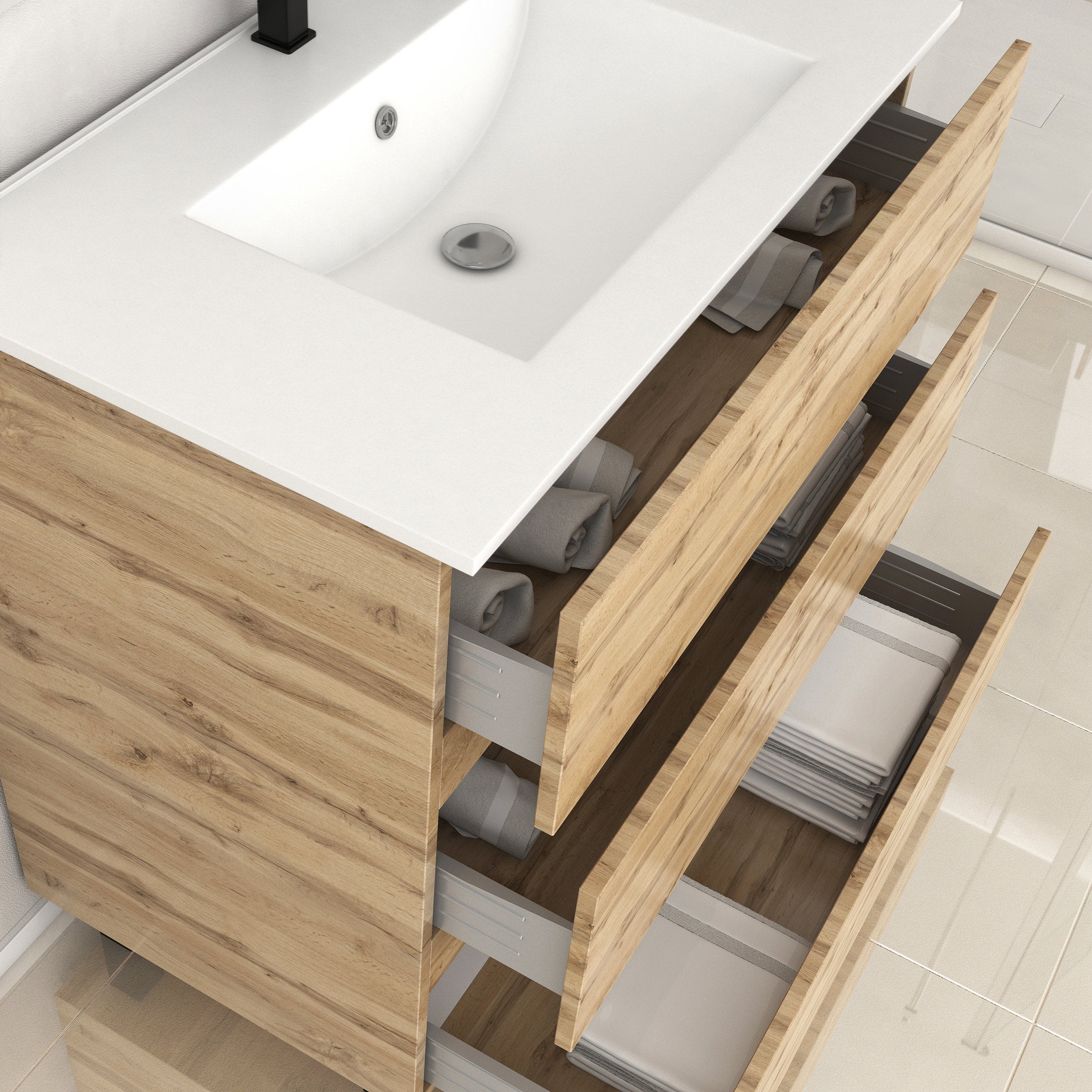 Meuble de salle de bains 80cm 3 Tiroirs_Chêne Naturel + Vasque céramique blanche - TIMBER 80 - 2
