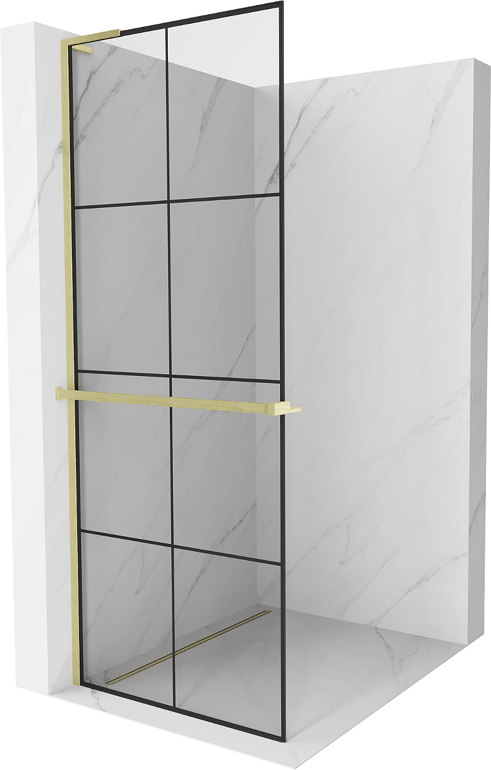 Mexen Kioto+ L ścianka prysznicowa z półką Walk-in 70 x 200 cm, czarna kratka, złota szczotkowana - 800-070-123-55-77