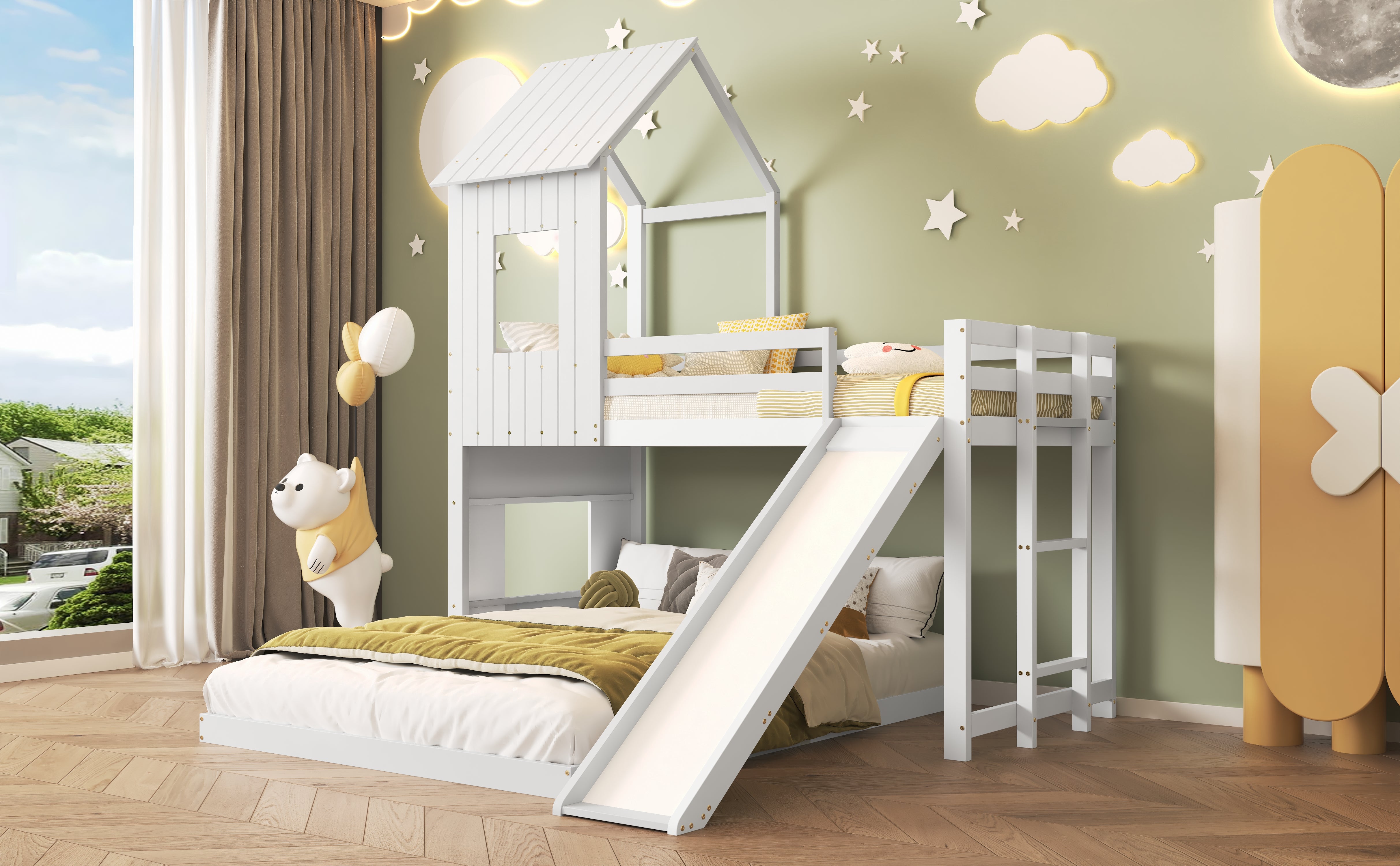 Lit superposé 140(90)x200 cm,3 places, lit maison avec Fenêtre, lit enfant avec toit et toboggan, 2 sommiers à lattes, pin + MDF, blanc - 7