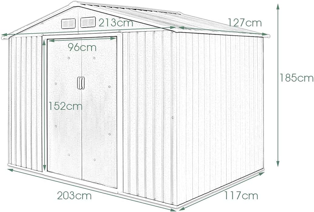 2,37m² Abri de Jardin Métal Galvanisé avec Base, Cabane de Rangement à Outils 213x127x185 cm avec Portes Coulissantes & Fenêtres,4,39m³ Gris - 6