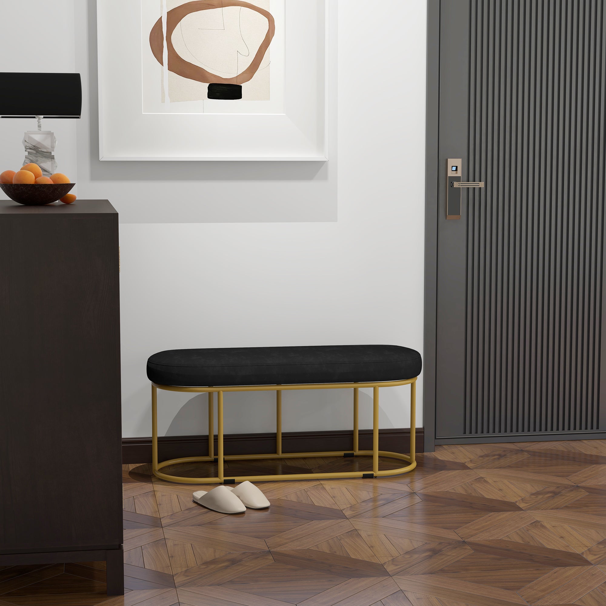 Banc rembourré aspect velours, banc, banc de lit, coiffeuse Banc, banc d'entrée pour salon, jusqu'à 200 kg, acier, noir - 8