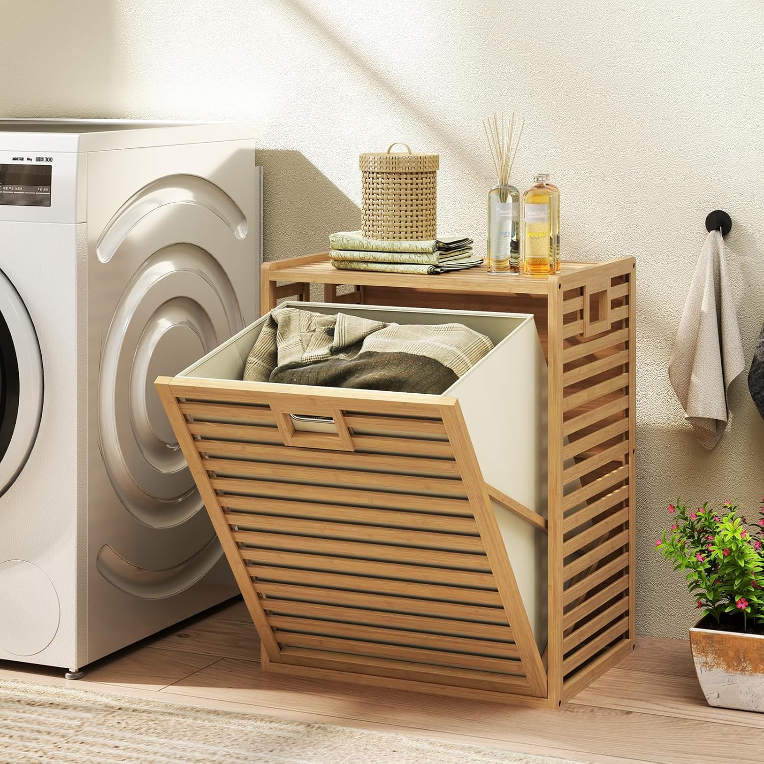 Panier à Linge en Bambou, 2 Compartiment, Meuble Linge Placard 68 L, Panier à Linge Amovible, Sac à Doublure Amovible, Meuble Linge Sale - 2