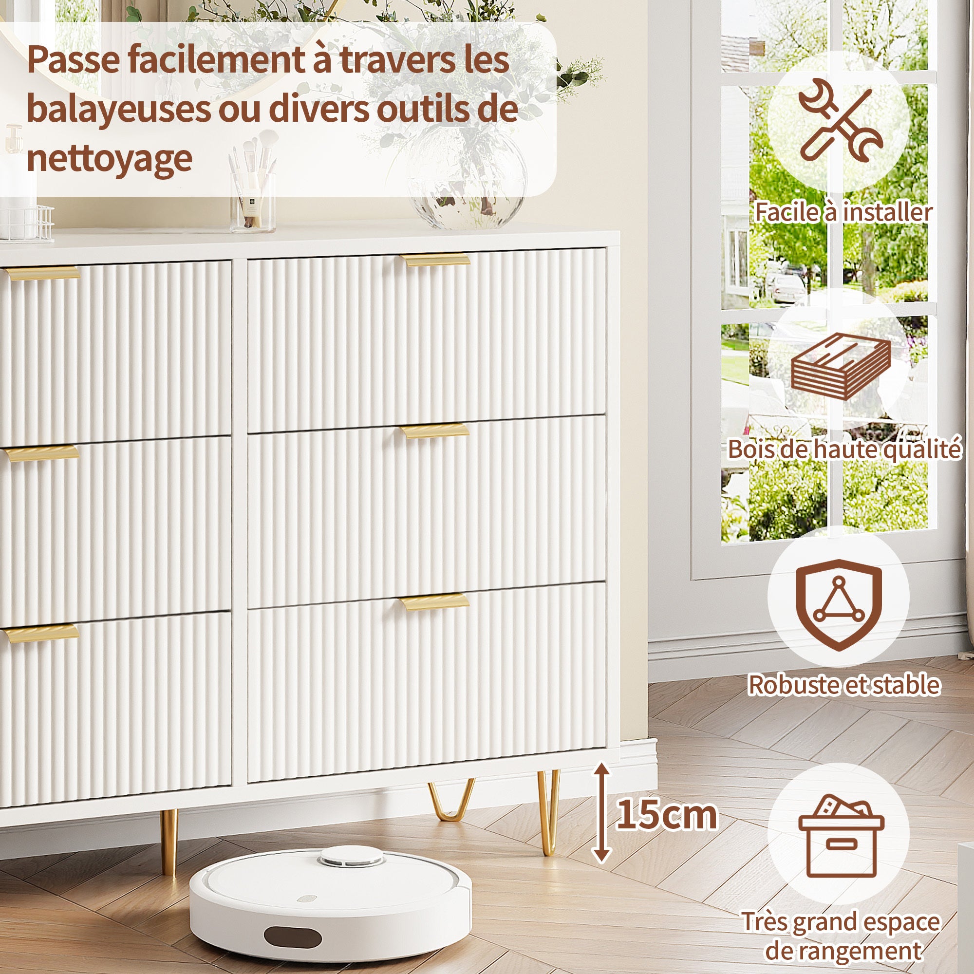 Commode à 6 tiroirs - 100 x 34 x 73 cm - avec poignées et pieds en métal doré - designe moderne armoire- blanc-pour Chambre à Coucher, Salon - 7