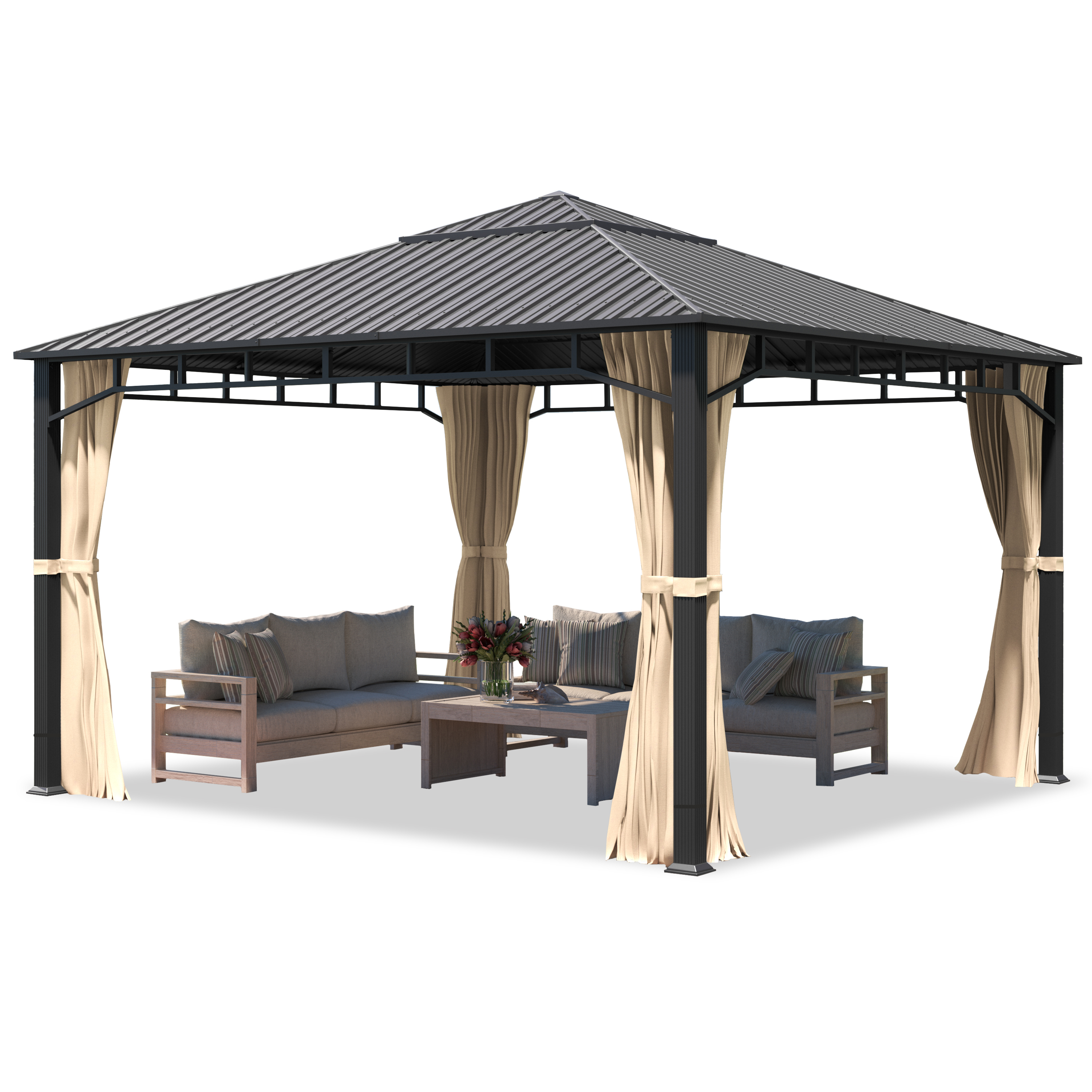 Pawilon ogrodowy 4x4 m dach stalowy hardtop 4 ściany boczne w kolorze szampańskim