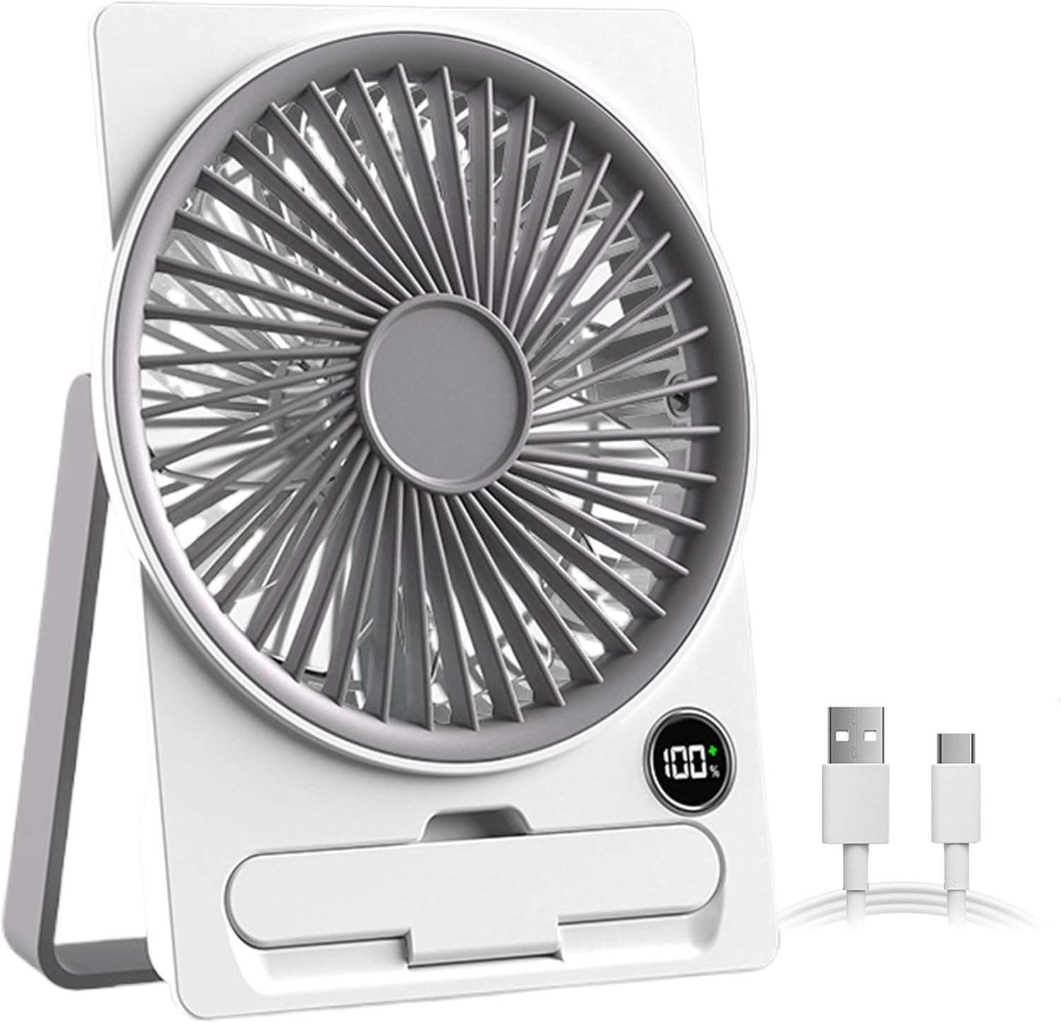 Wentylator stołowy ładowany przez USB z ekranem LCD, ultracienka konstrukcja, idealny na kemping, w podróży i do użytku wewnątrz pomieszczeń, biały
