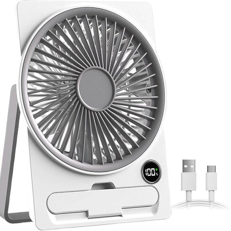 Wentylator biurkowy ładowany przez USB z ekranem LCD, ultracienka konstrukcja, idealny na kemping, w podróży i do użytku wewnątrz pomieszczeń, biały
