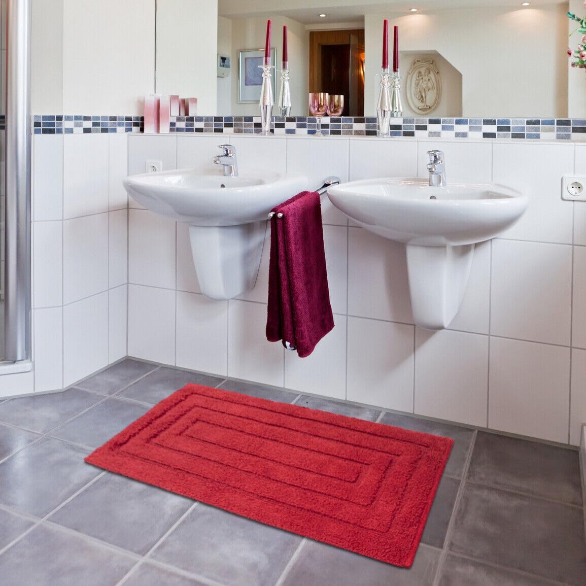 Tapete De Banho Em Algodão Puro 50x110 cm Elegante Luxuoso Macio Tapete De Cabeceira Antiderrapante Vermelho - 2