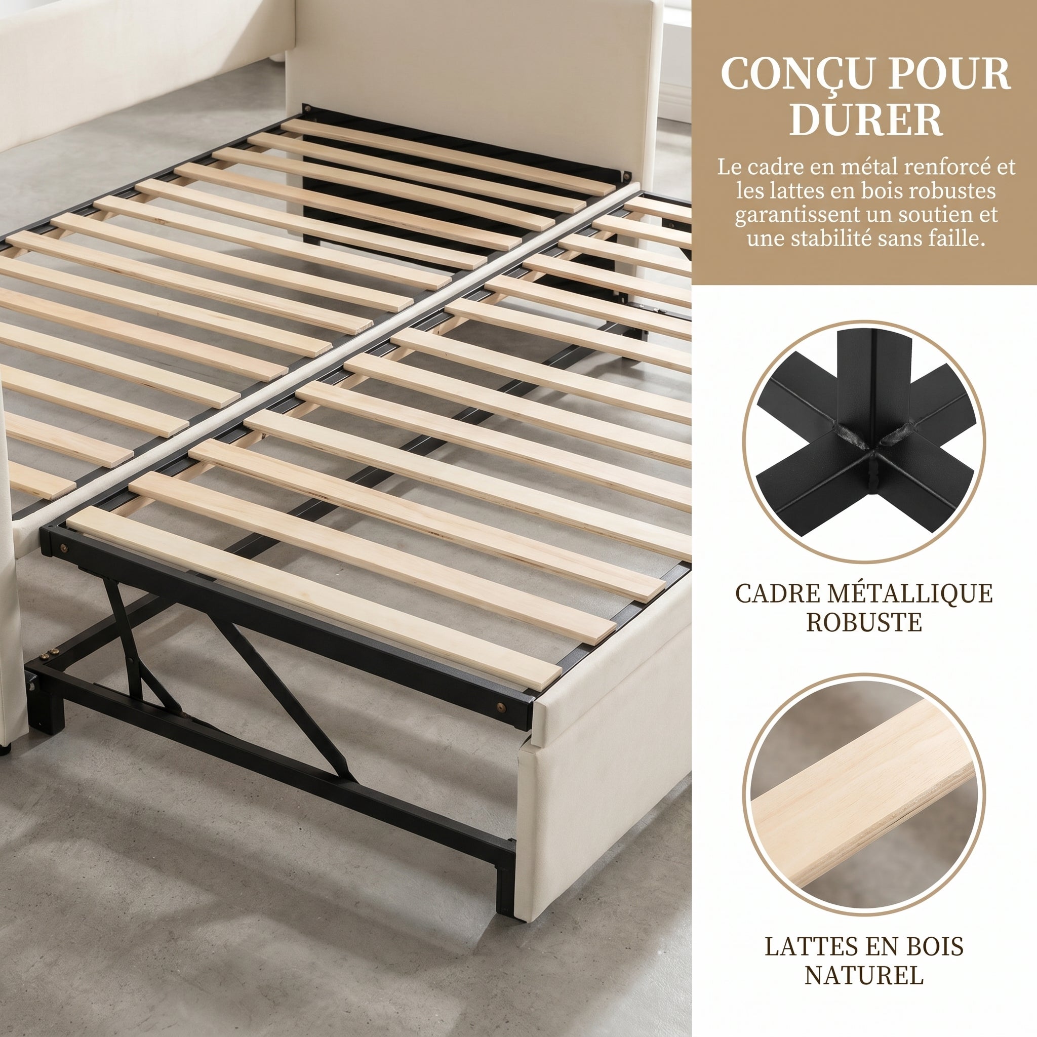Canapé-lit extensible 90/180 x 200cm 2 Places, canapé convertible rembourré avec sommier à Lattes, velours, beige, sans matelas - 7