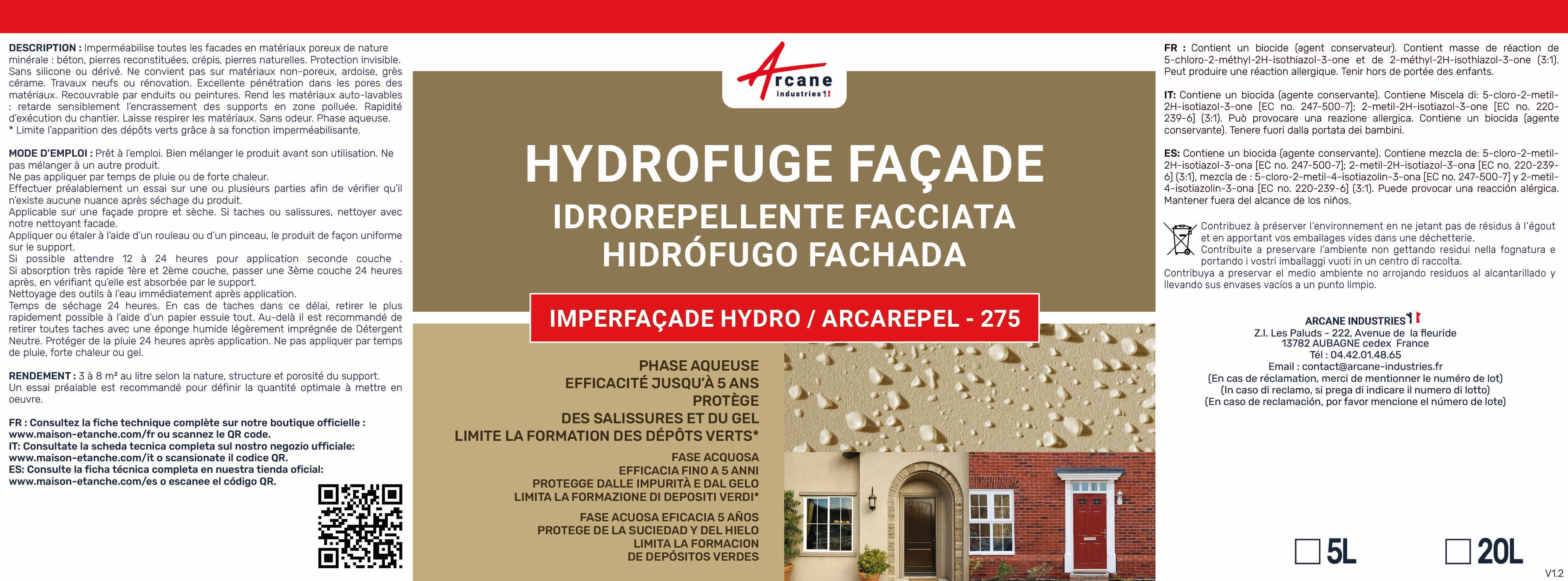Hydrofuge Imperméabilisant Façade, mur, crépi, enduit - IMPERFACADE HYDRO - 5 L (jusqu'à 25 m²) - ARCANE INDUSTRIES - 4