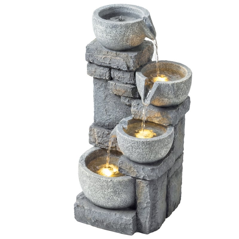 Fontaine de Jardin Cascade 4 Niveaux Effet Pierre et Brique avec LED 28 x 25 x 54,5 cm Gris - 2
