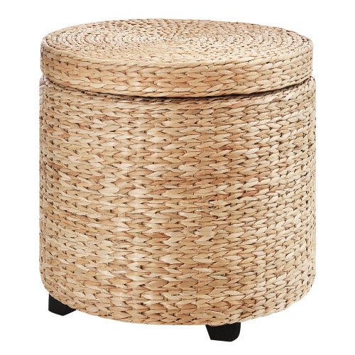 Pouf contenitore in rattan rotondo con coperchio rimovibile, poggiapiedi multifunzione, Ø43x43 cm, colore kaki - 2