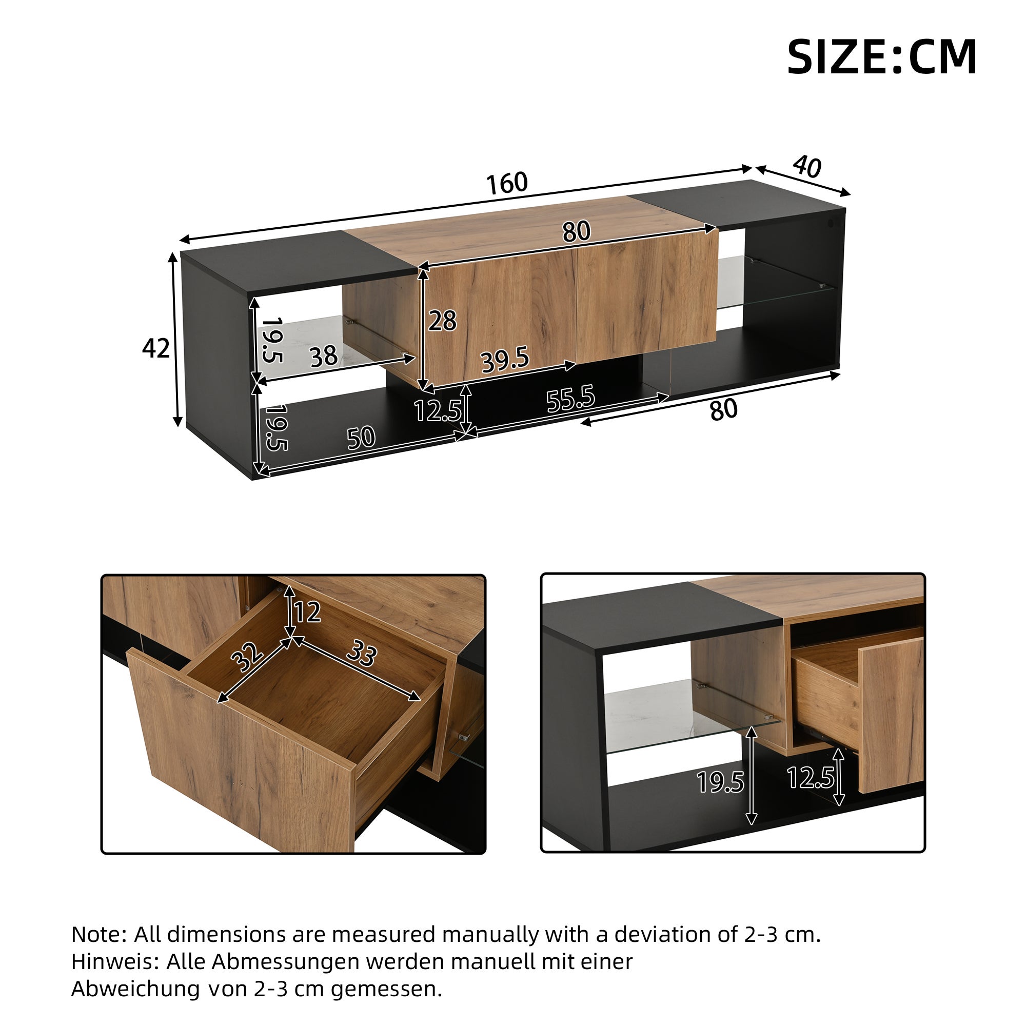 Meble pod TV 160x40x42 cm - z 2 szufladami - Szklane półki - z oświetleniem LED - Płyty wiórowe - Czarny - 6