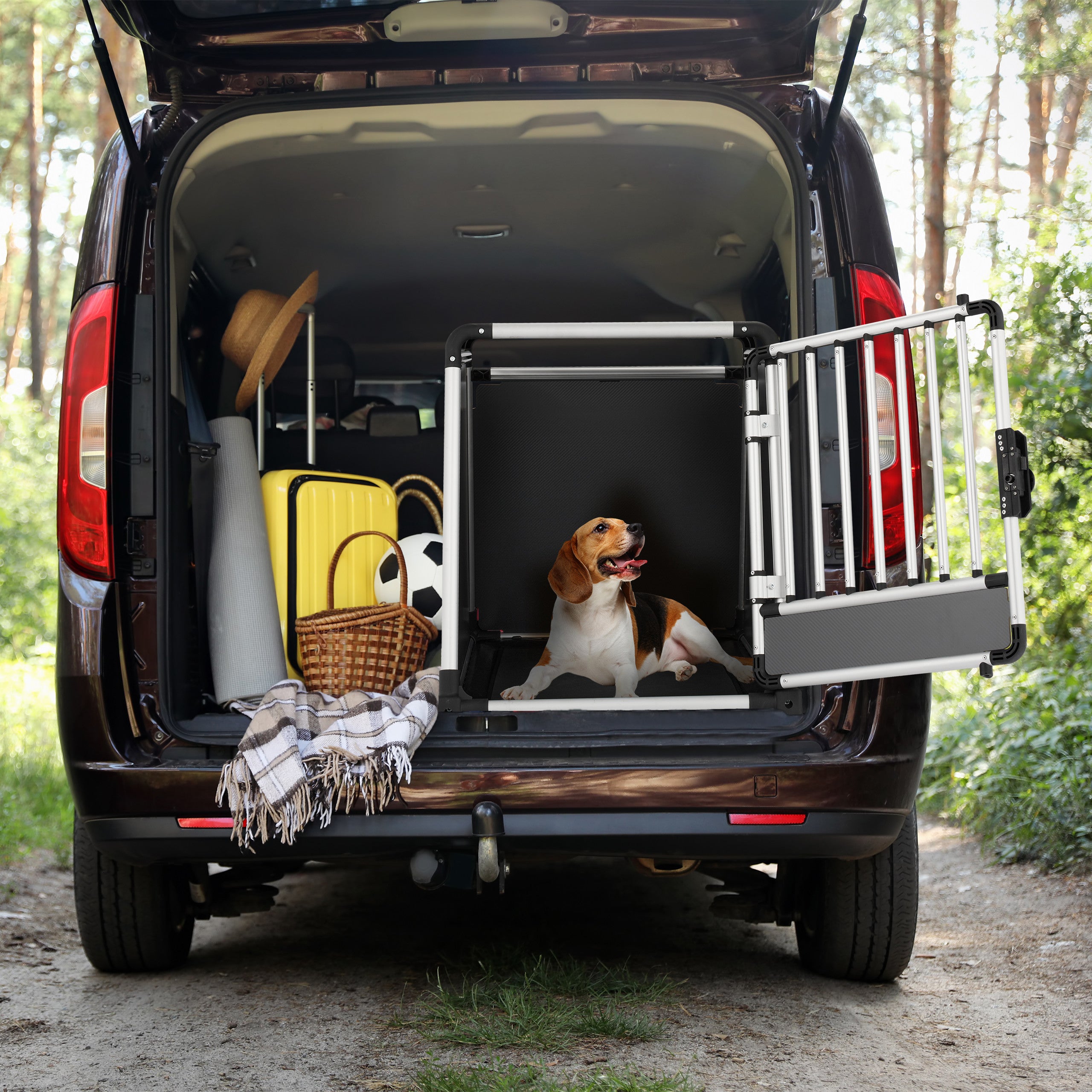 Gabbia Per Cani Da Auto Relaxdays 68x65,5x92,5 Cm - Trasportino In Alluminio Nero Per Bagagliaio | Sicuro E Leggero