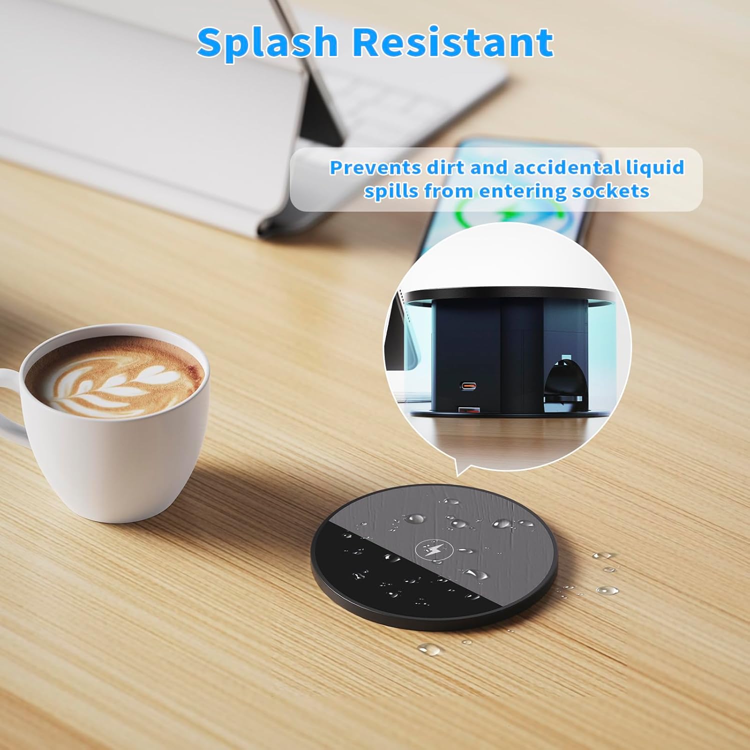 Prise électrique standard européenne avec charge sans fil 15 W, interrupteur, port USB-C de bureau, 1,8 m intégré - 3