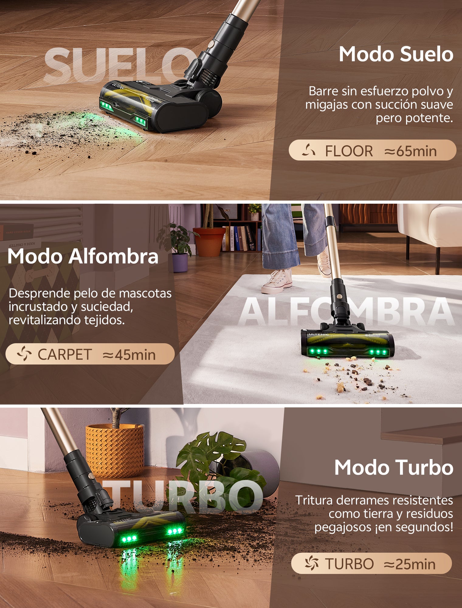 Aspirateur Balai sans Fil, 70min/75KPA, Auto-portant, Greeneye™ Technologie,Tige Télescopique Réglable, Or - 7