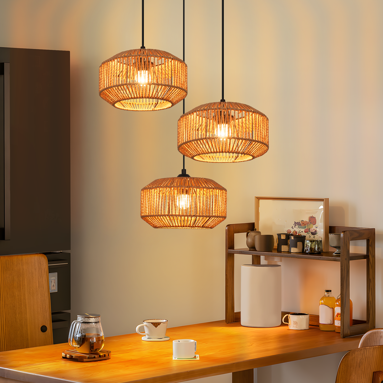 Nettlife Suspension rotin Φ25 Suspension vintage pour table à manger, 1 lumière, design rétro avec douille E27 (ampoule non incluse) - 2