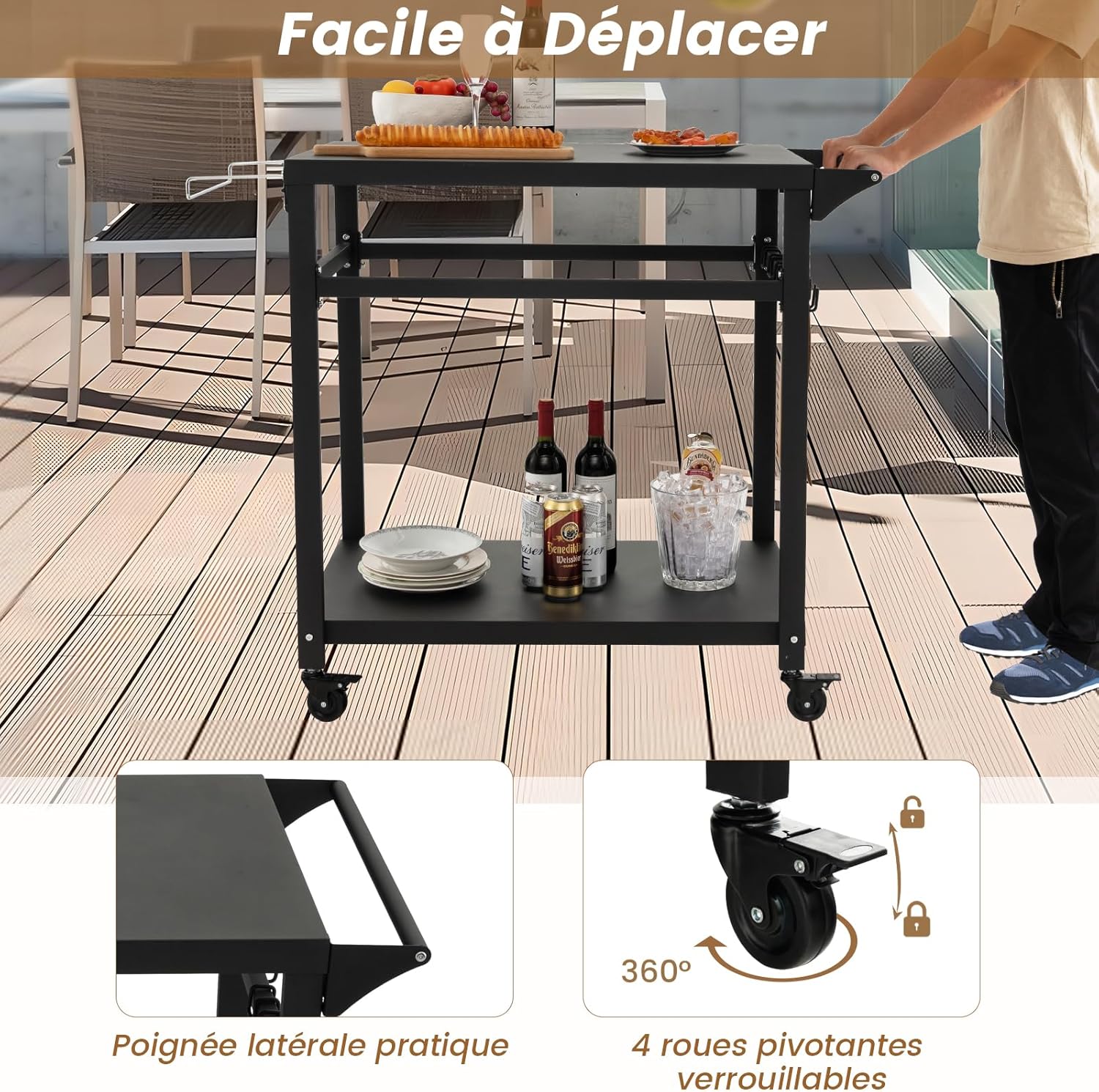 Desserte Jardin, Chariot de Barbecue avec 4 roulettes Verrouillables, Desserte Extérieur pour Barbecue, Plancha avec 4 Crochets et Étagère - 2