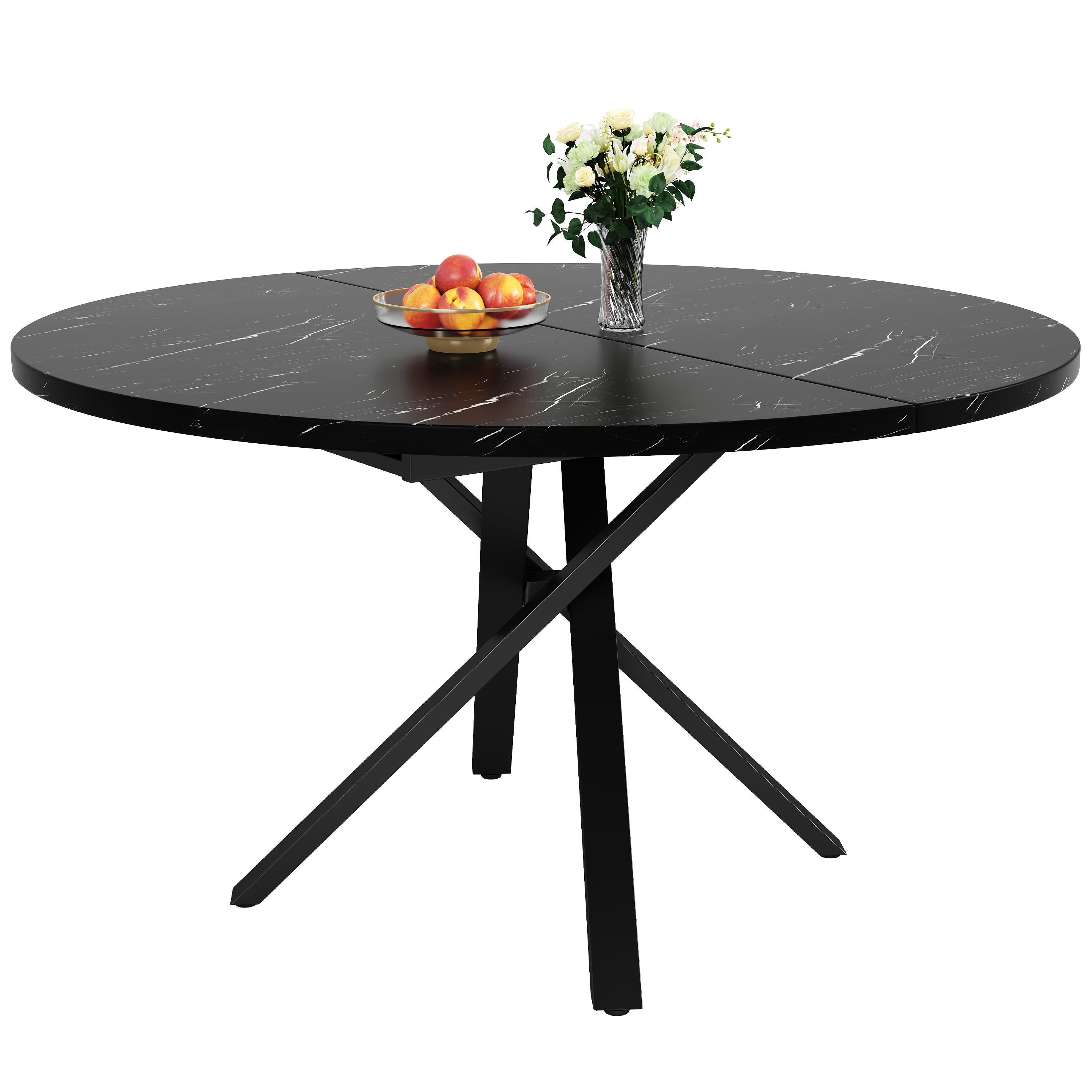 Rozkładany okrągły stół z efektem marmuru, dla 4-6 osób - 100/140 x 75,5 cm - MDF i nogi metalowe - Czarny - 6