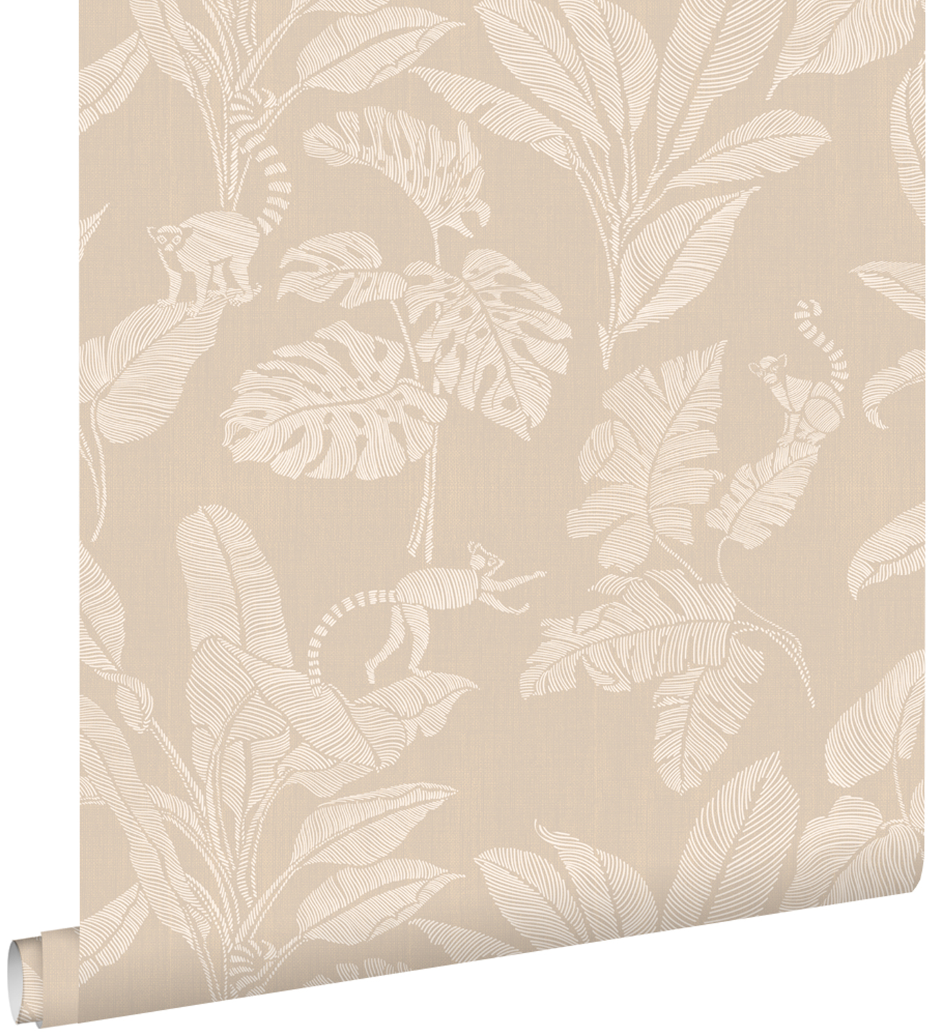 Tapeta małpy i liście dżungli beżowym - 50 x 900 cm - ESTAHOME