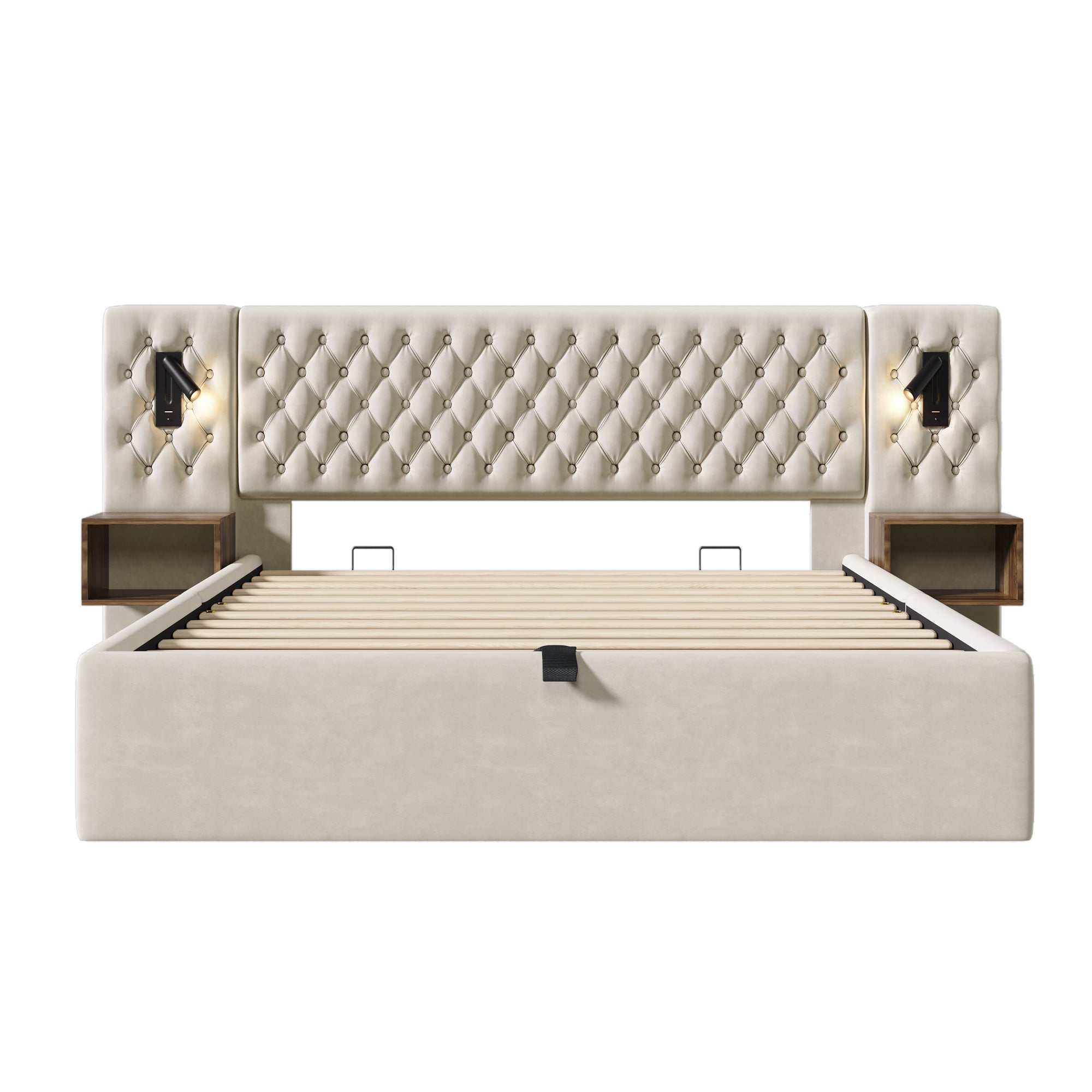 Lit hydraulique 180 x 200 cm, avec table de nuit, liseuse, fonction de recharge USB, beige - 5