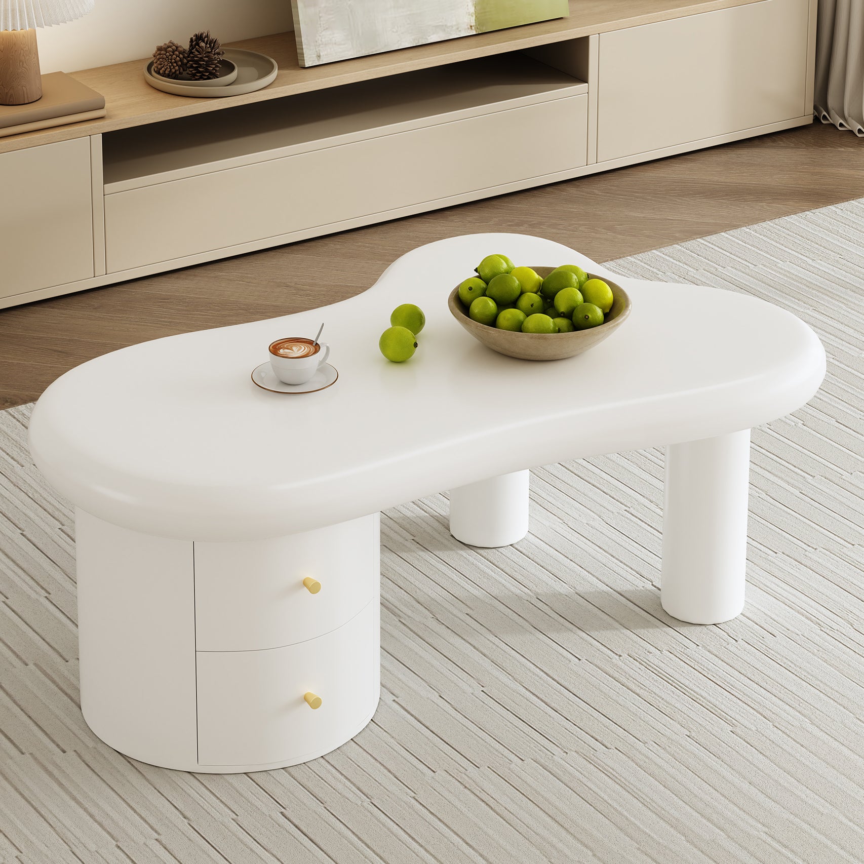 Table basse blanche moderne de forme irrégulière, 2 tiroirs, élégante, stable, pour le salon et usage polyvalent - 9