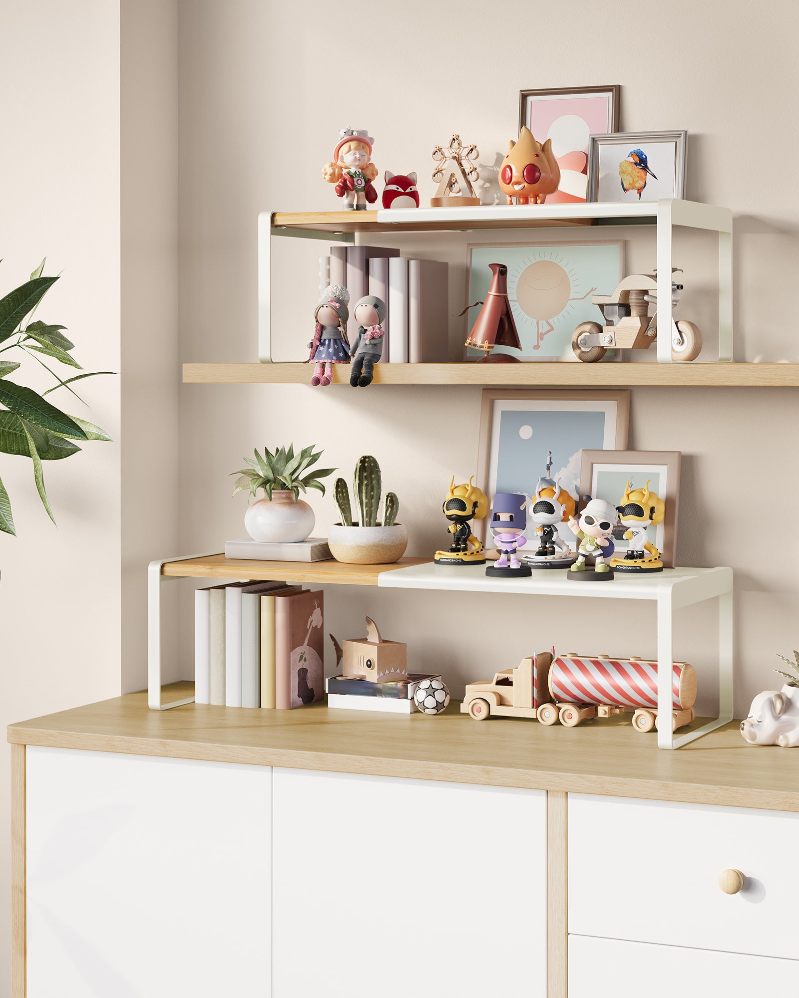 Estante organizador de cocina extensible, apilable, para armario o encimera, bambú claro y blanco - 2