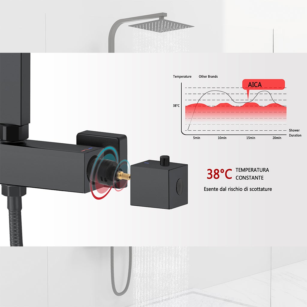 AICA Colonna doccia con miscelatore termostatico,saliscendi doccia moderno regolabile 80-120cm, nero opaco - 3