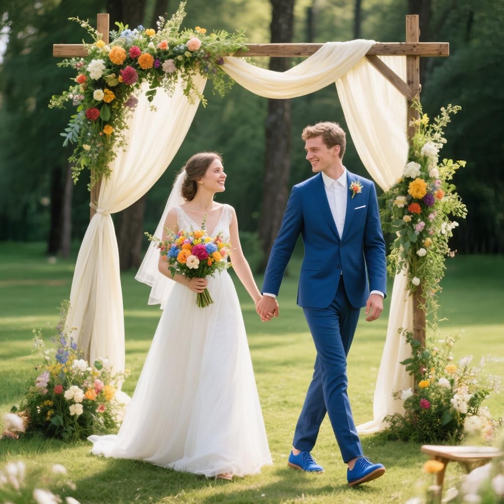Arche Tenture Mariage Beige, 75×600 cm Rideau en Tulle, Mariage Voilage Drapés en Mousseline éLastique avec 2Pcs Rubans, pour Décoration de Cérémonie - 2