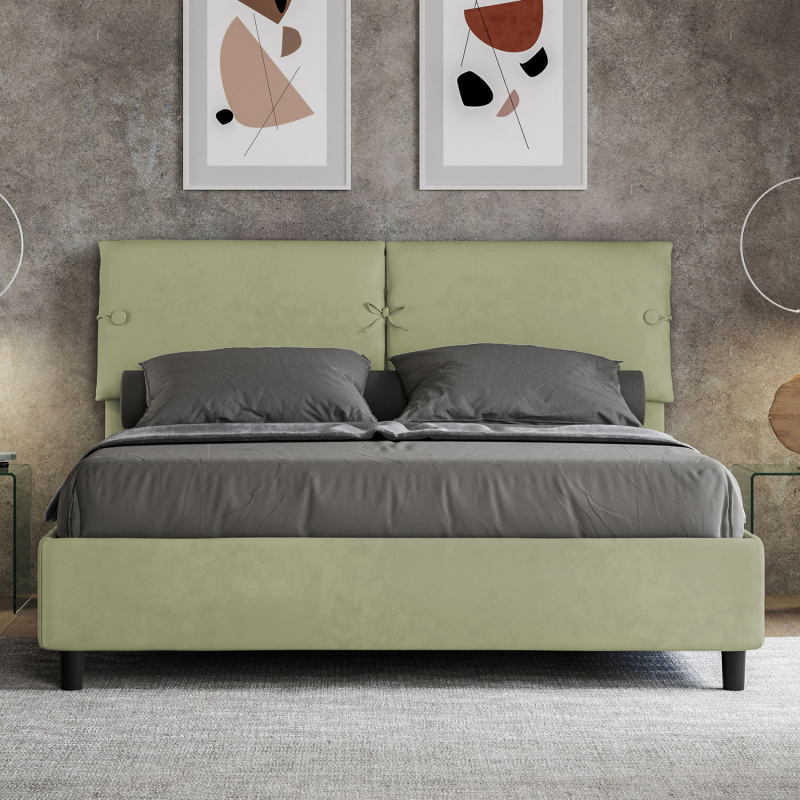 Lit Coffre 160x200 Cm Velours Vert Kaki - Tête De Lit Capitonnée Ava