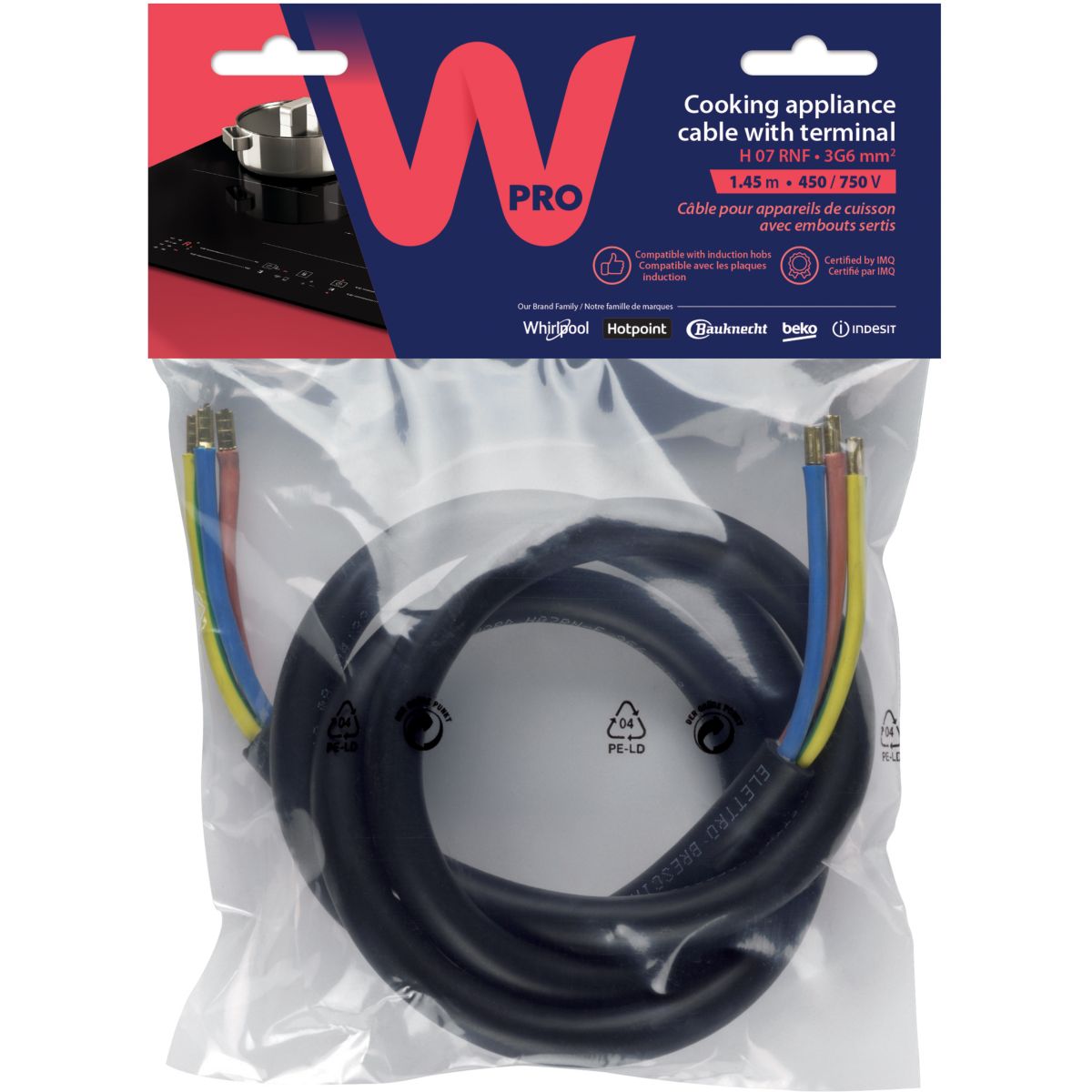 WPRO CAB360/1 Câble Electrique sans prise pour appareil de cuisson 1.45m (> 5750 watts) - 2