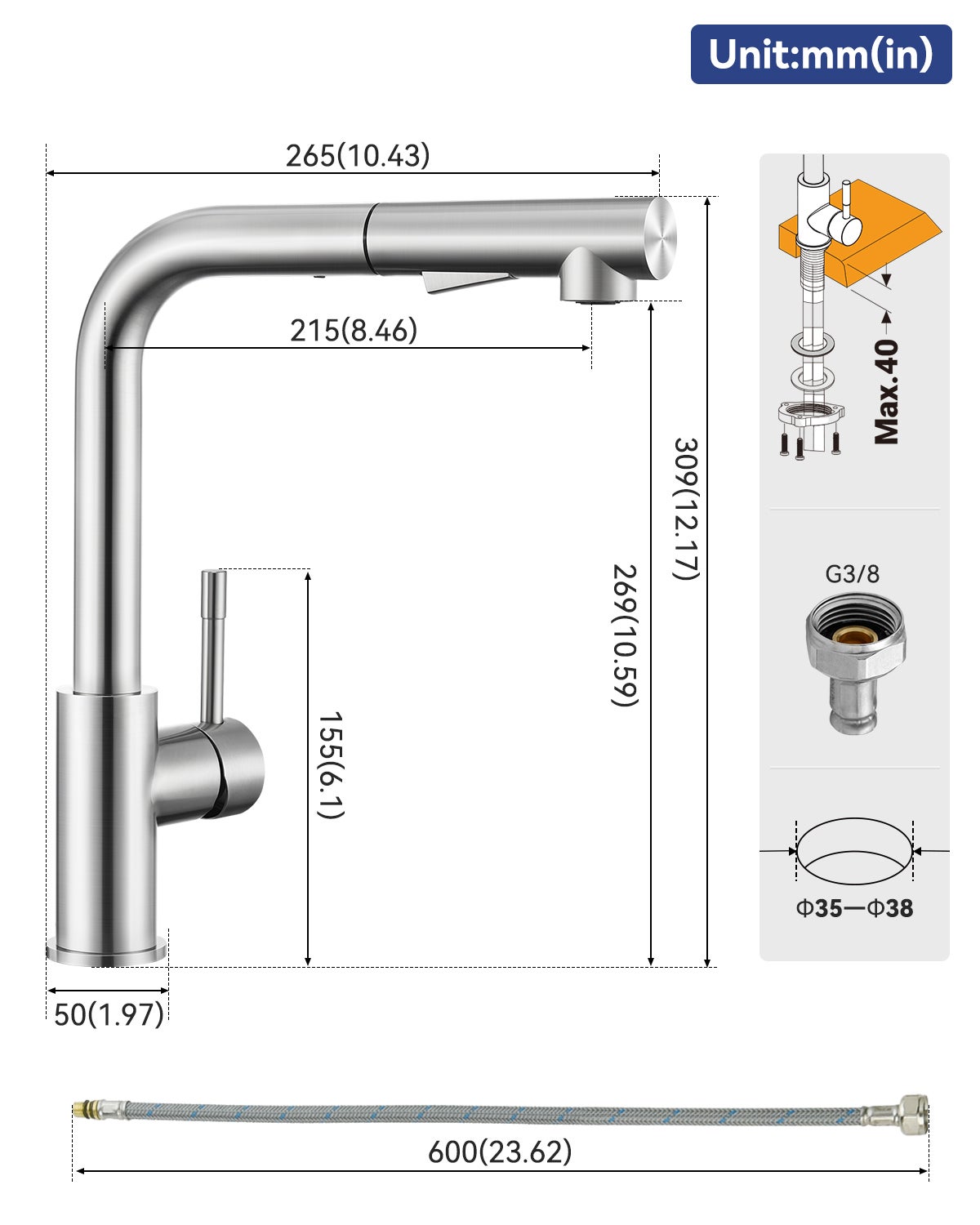 Grifo de cocina con pulverizador, grifo mezclador de cocina con 2 modos de pulverización, grifo de fregadero de agua fría/caliente - 6