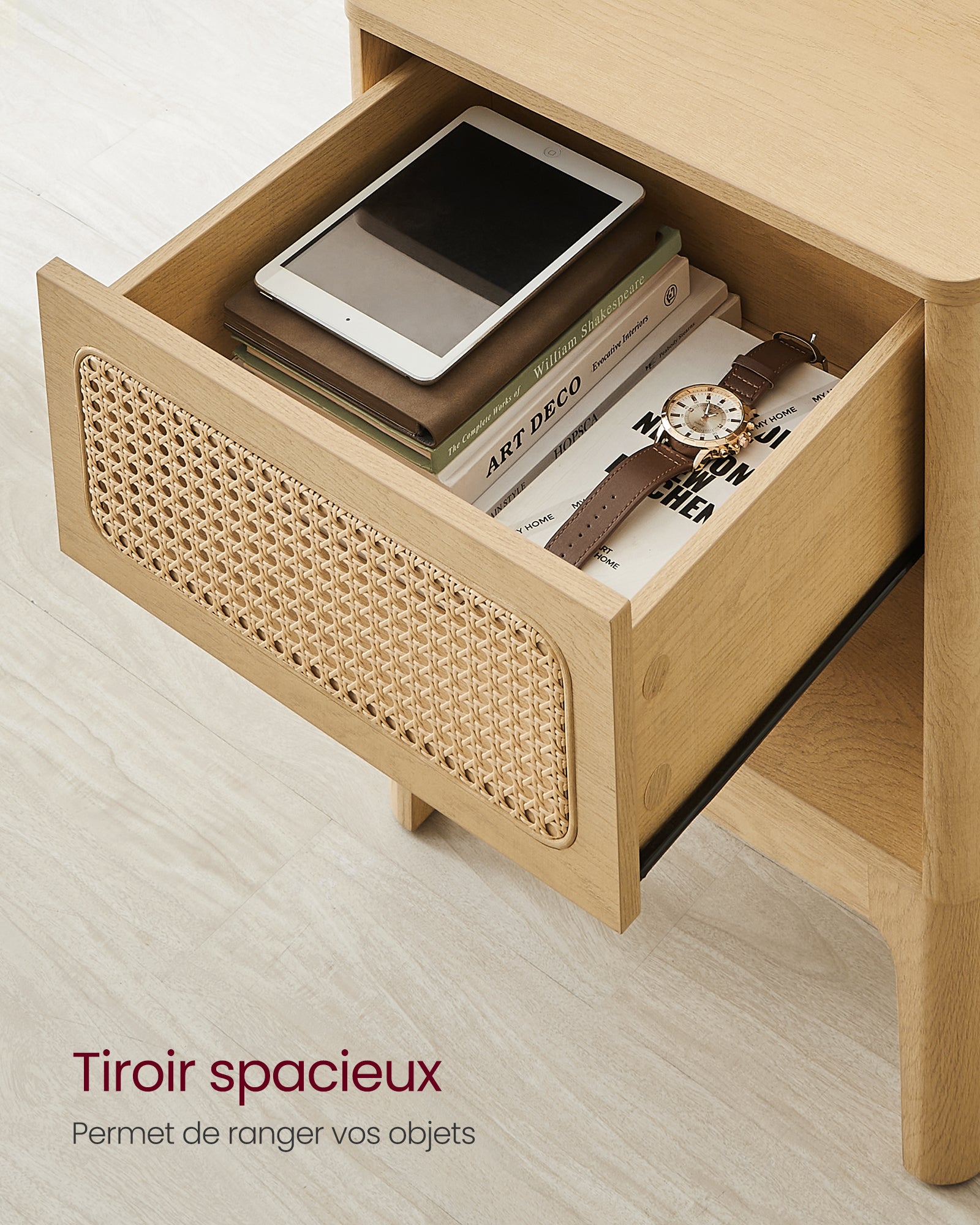 Table de Chevet en Rotin, Table d'Appoint Boho avec Tiroir, Rangement pour Chambre, Couleur Boisée - 7