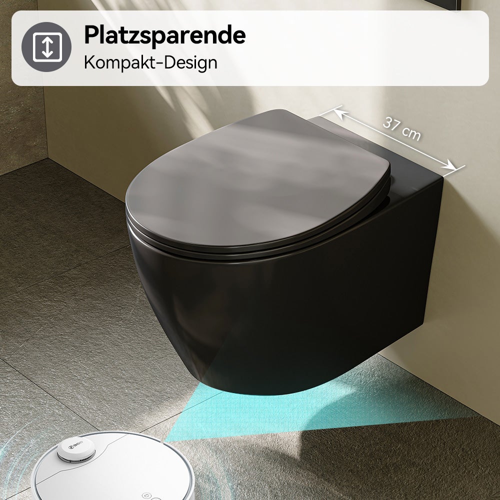 Matowa, czarna, ceramiczna toaleta ścienna z wolnoopadającą deską sedesową, kompaktowa konstrukcja. HOROW - 2