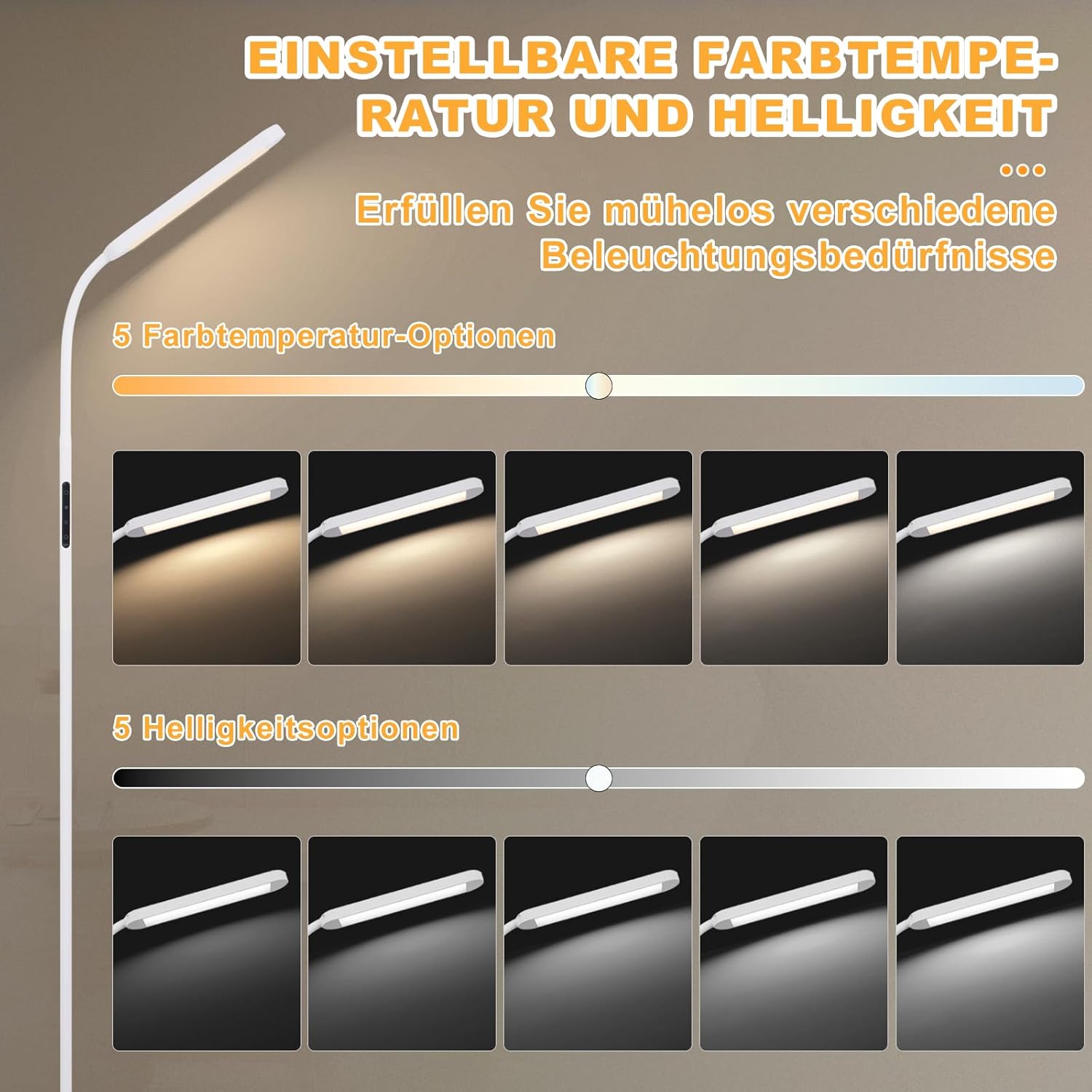 ZMH Lampada da terra a LED per soggiorno, lampada da terra bianca variabile, 11W, divano flessibile a 360° - 3